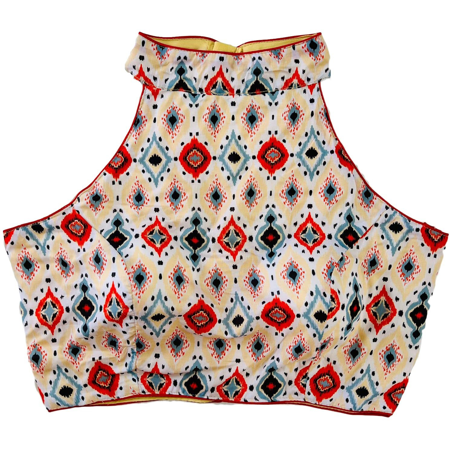 Pujia Mills Womens Readymade Halter Neck Sleeveless Printed Saree Blouse.(Halter Neck Print Gold_38)