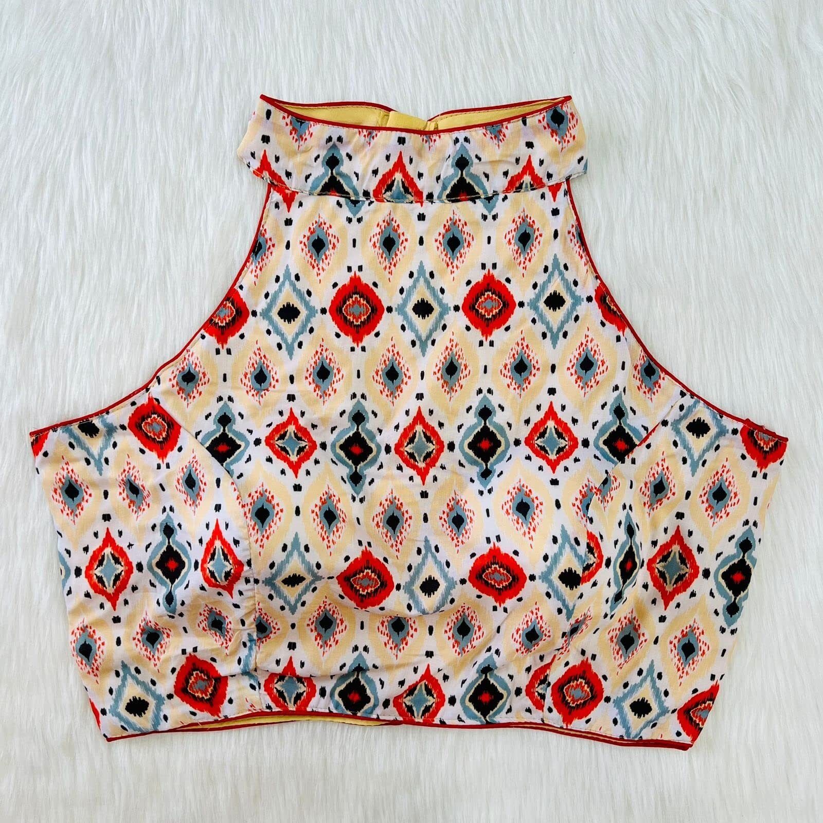 Pujia Mills Womens Readymade Halter Neck Sleeveless Printed Saree Blouse.(Halter Neck Print Gold_38)