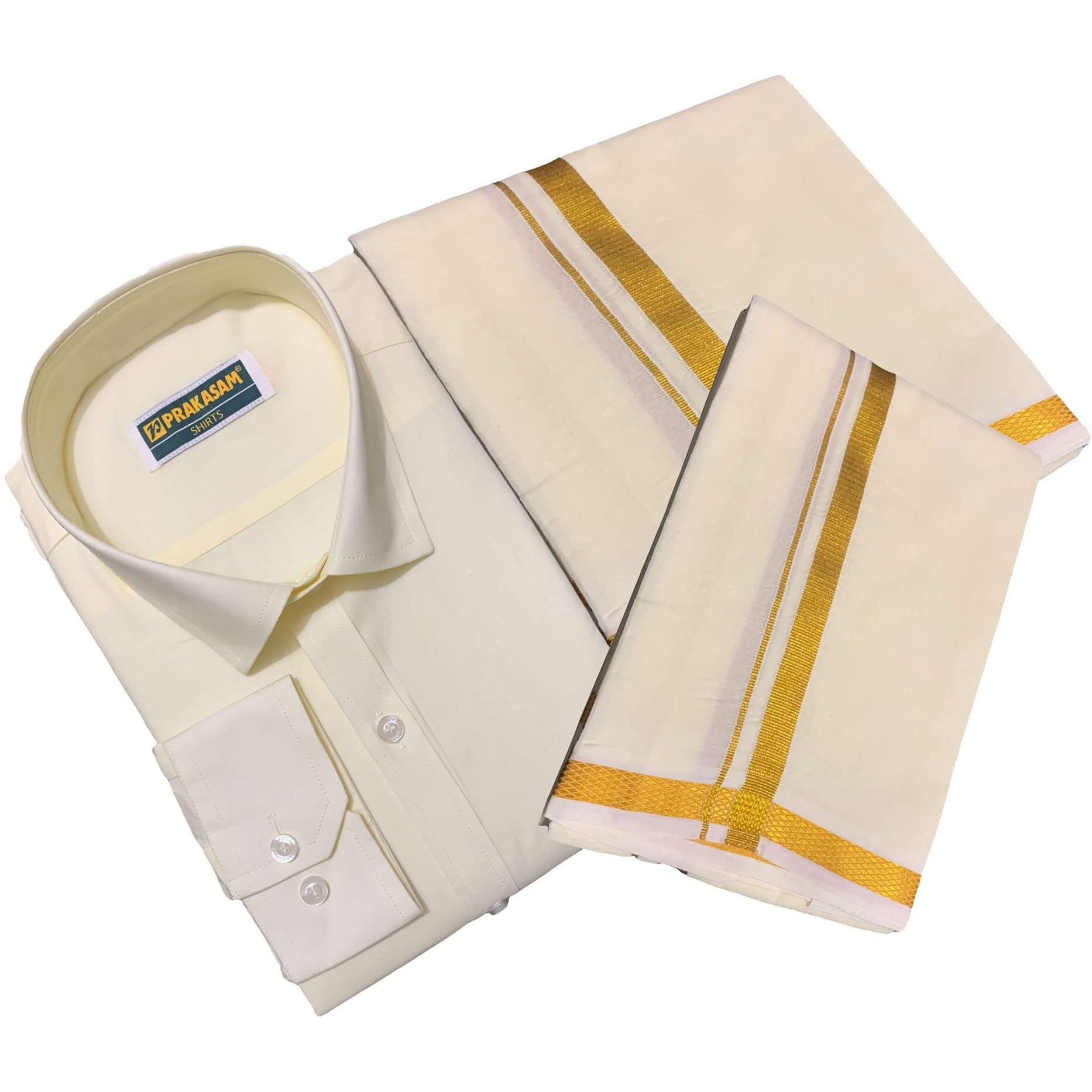 Prakasam Cotton Mens Cotton Wedding Set-Full Sleeve Cream Shirt+8 Yard Dhoti (1.28X3.70 Mtrs)+ Single Cream Towel (44, Cream)