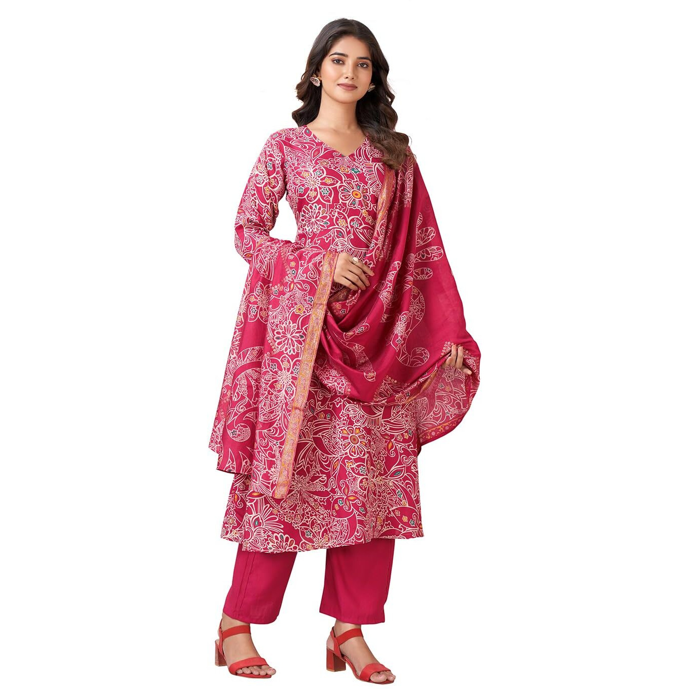 Pratham Blue Women's Viscose Rayon Anarkali Printed Kurta With Palazzos And Dupatta |Kurta Set For Women |Women Kurta |Women Printed Kurta Sets Kurtis |Women Kurta Pant Set (Pb-6223-Xl_Pink)