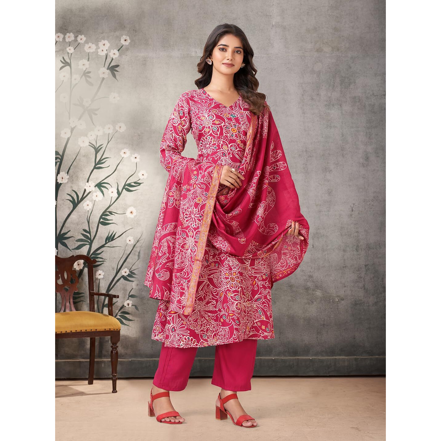 Pratham Blue Women's Viscose Rayon Anarkali Printed Kurta With Palazzos And Dupatta |Kurta Set For Women |Women Kurta |Women Printed Kurta Sets Kurtis |Women Kurta Pant Set (Pb-6223-Xl_Pink)
