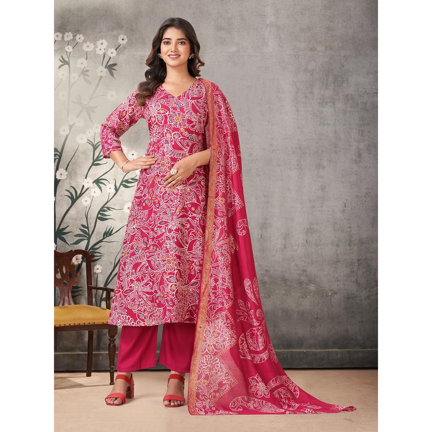 Pratham Blue Women's Viscose Rayon Anarkali Printed Kurta With Palazzos And Dupatta |Kurta Set For Women |Women Kurta |Women Printed Kurta Sets Kurtis |Women Kurta Pant Set (Pb-6223-Xl_Pink)