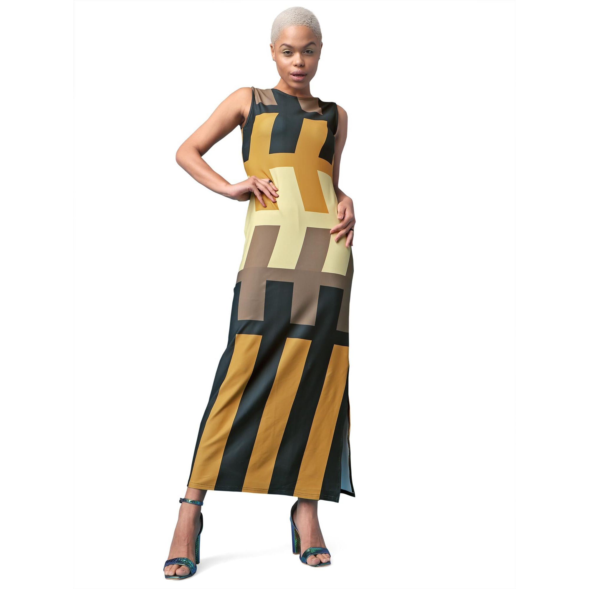 Purvaja Womens Bodycon Maxi Length Dress (Wini-110-Puzzle_Yellow_Large)