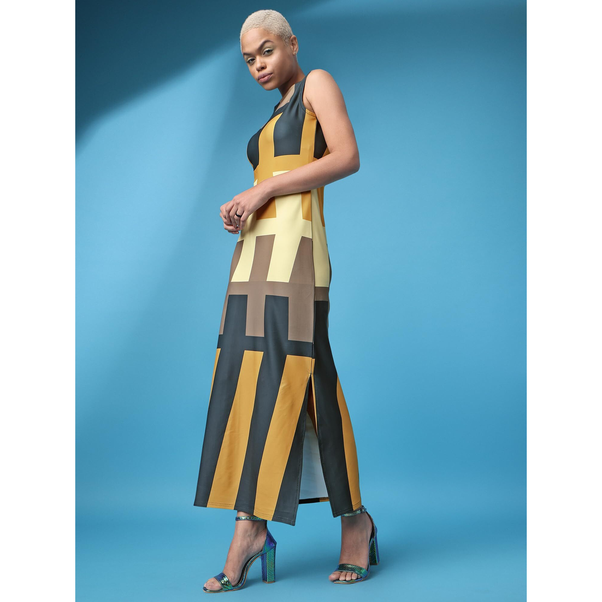 Purvaja Womens Bodycon Maxi Length Dress (Wini-110-Puzzle_Yellow_Large)