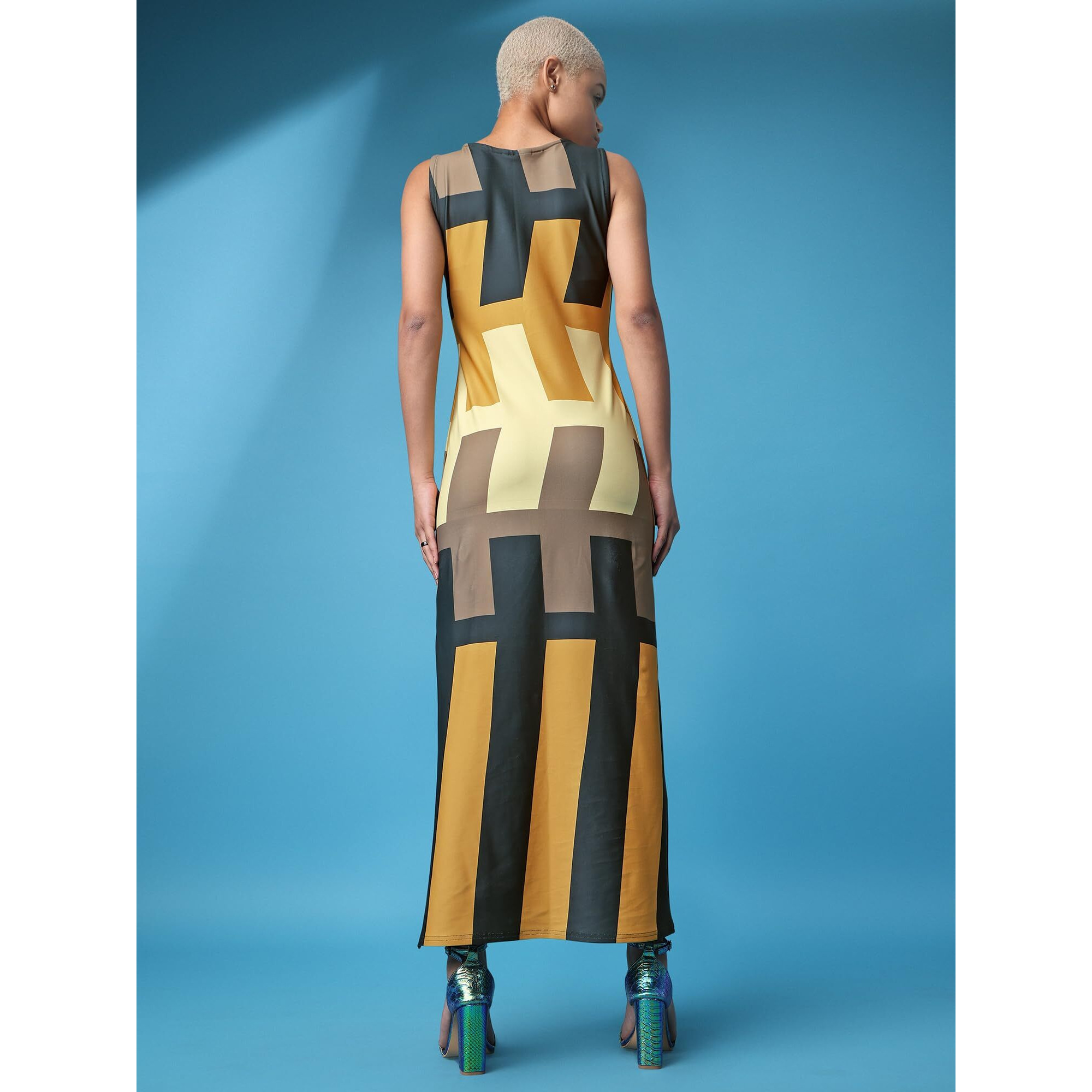 Purvaja Womens Bodycon Maxi Length Dress (Wini-110-Puzzle_Yellow_Large)