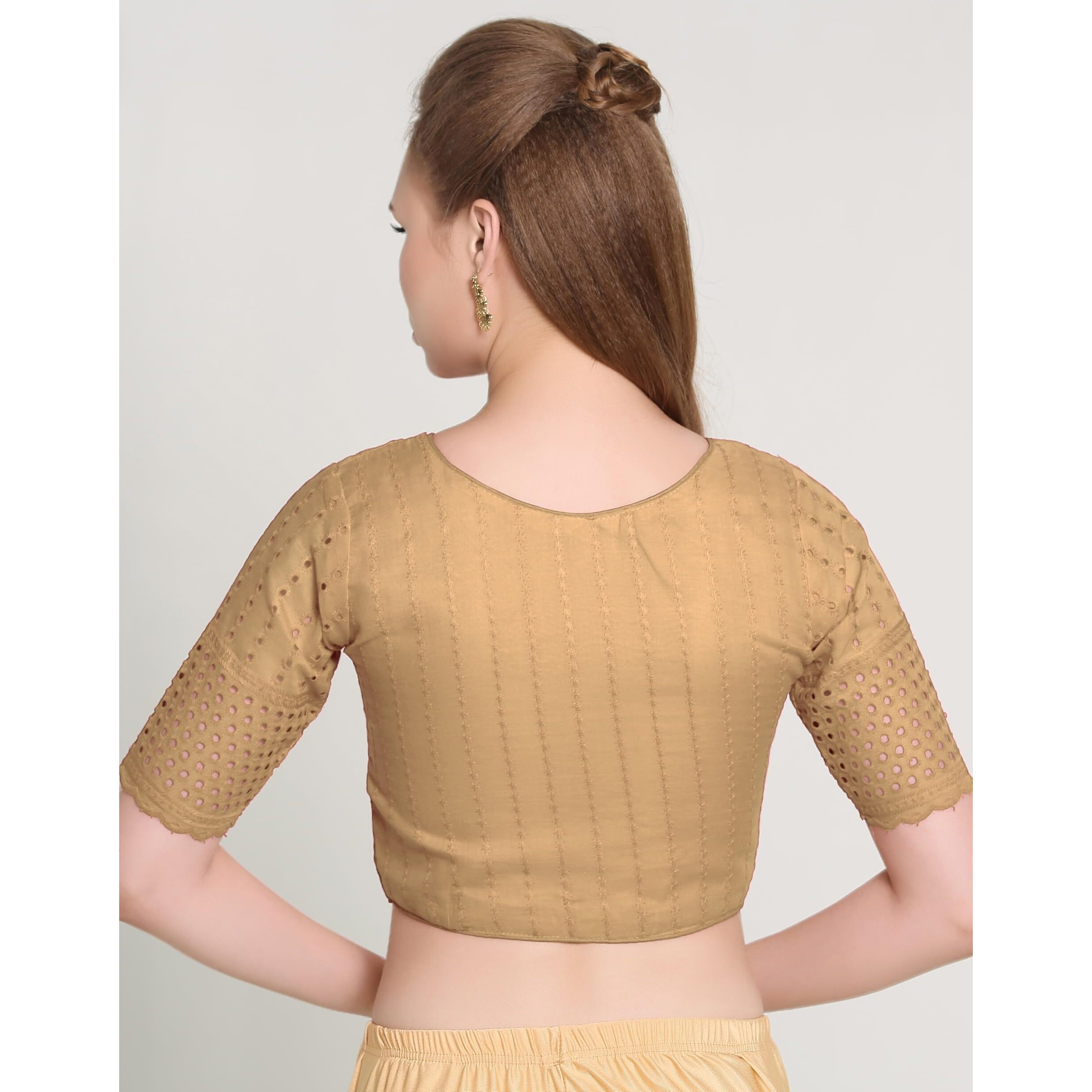 Pujia Mills Women's Trendy Hakoba Chikankari Work Half Sleeve Chiku Saree Blouse (Hakoba 13 Chiku_38)