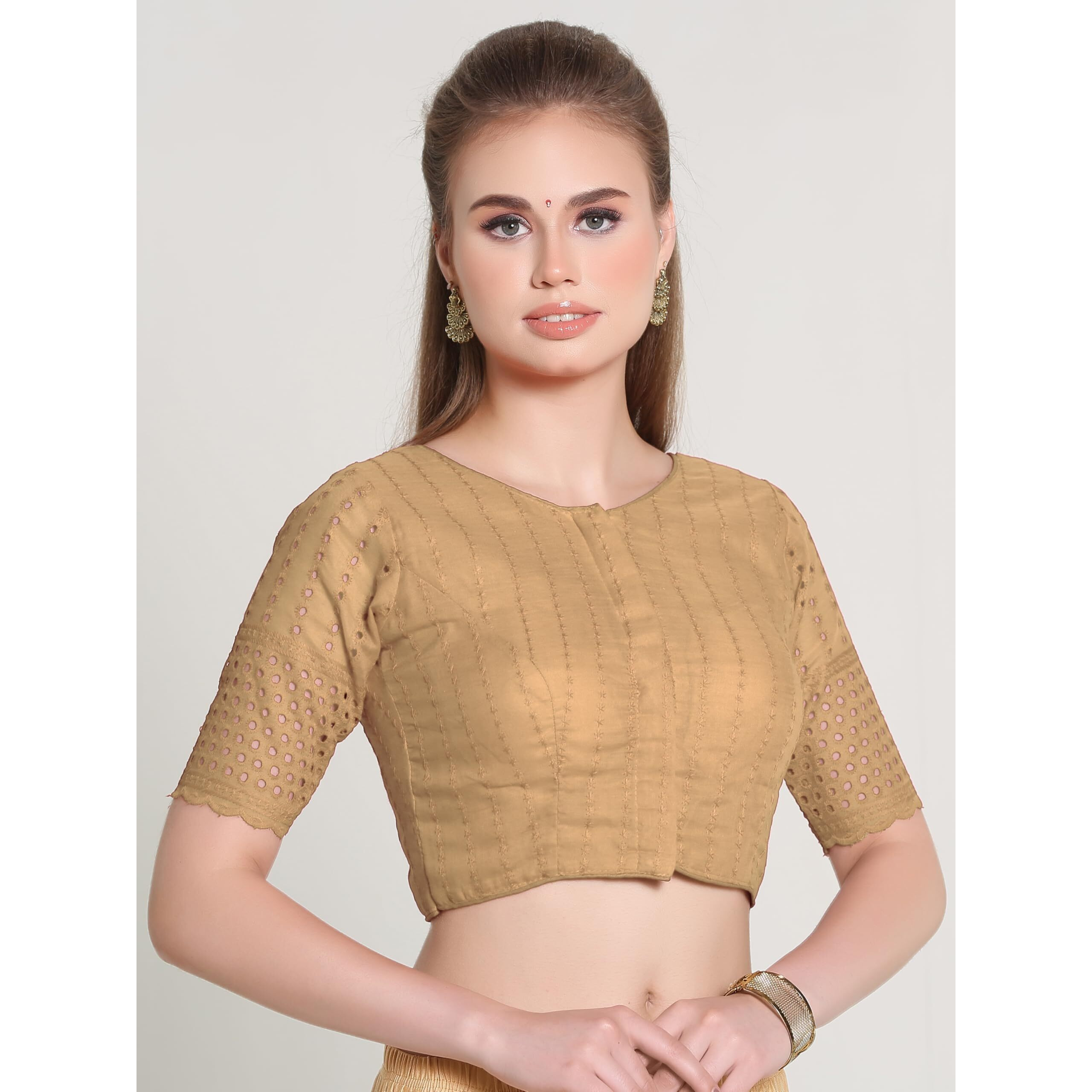 Pujia Mills Women's Trendy Hakoba Chikankari Work Half Sleeve Chiku Saree Blouse (Hakoba 13 Chiku_38)