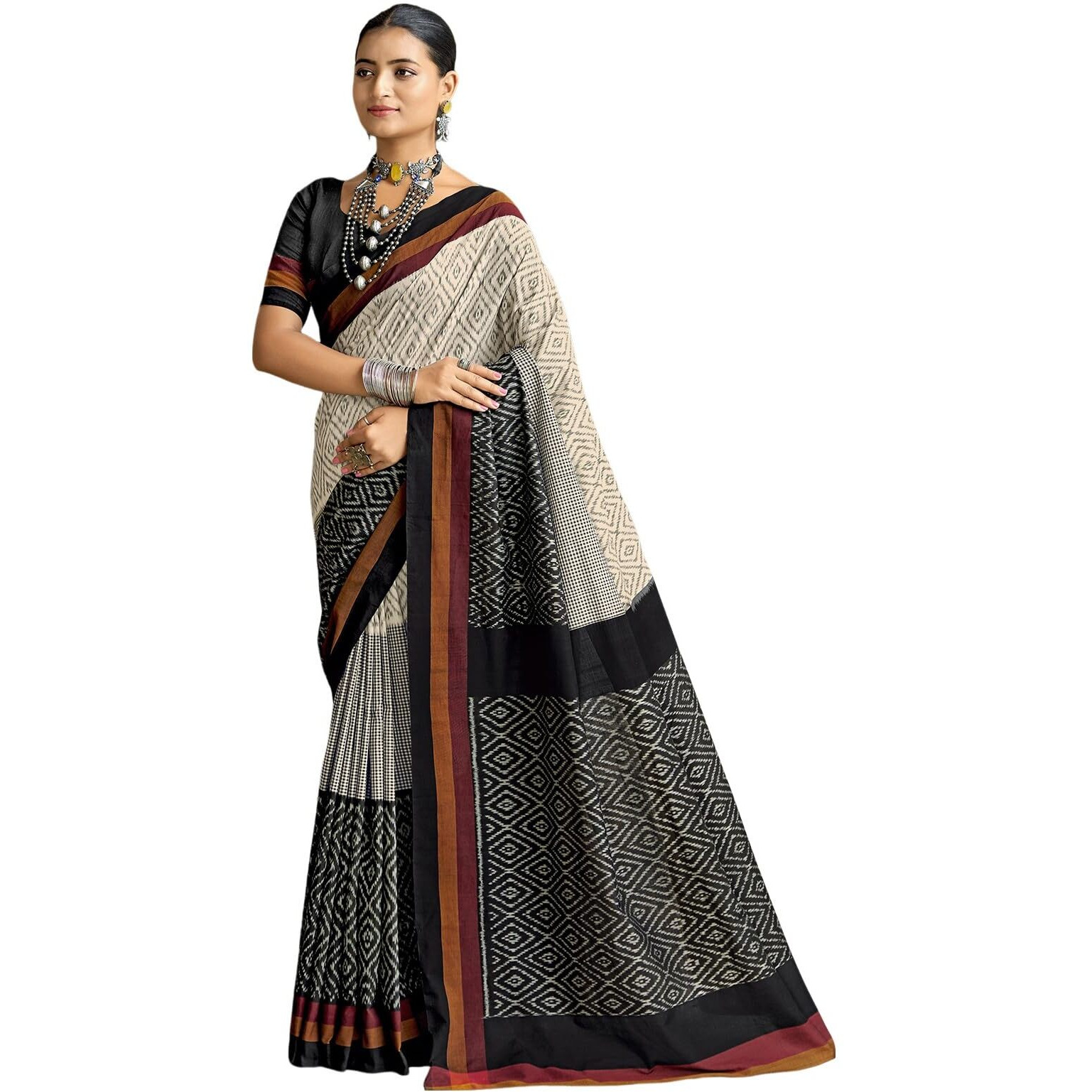 Satrani Women's Cotton Blend Geometric Printed Saree With Unstitched Blouse Piece (3816S814N_Cream & Black)