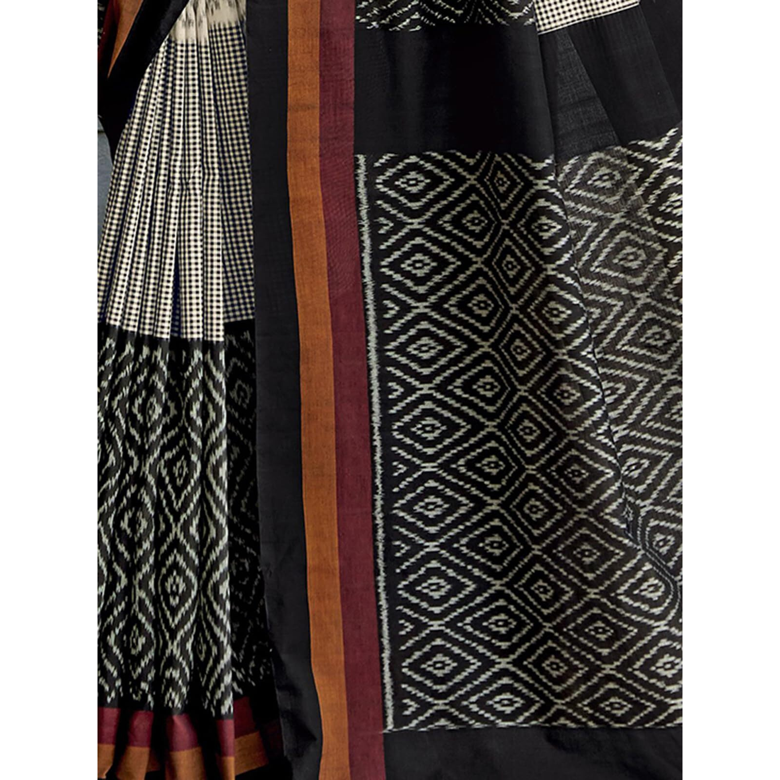 Satrani Women's Cotton Blend Geometric Printed Saree With Unstitched Blouse Piece (3816S814N_Cream & Black)