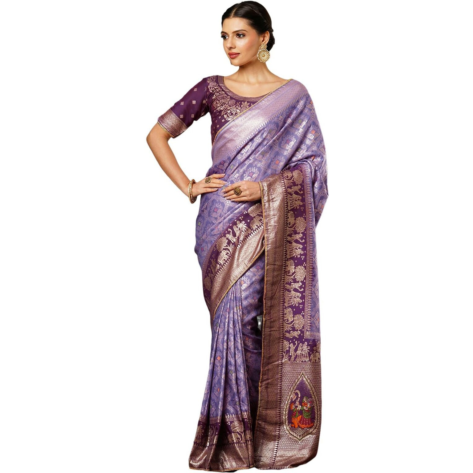 Satrani Women's Cotton Silk Dual Tone Banarasi Jacquard Saree With Unstitched Blouse Piece (3895S134N_Light Purple & Wine)