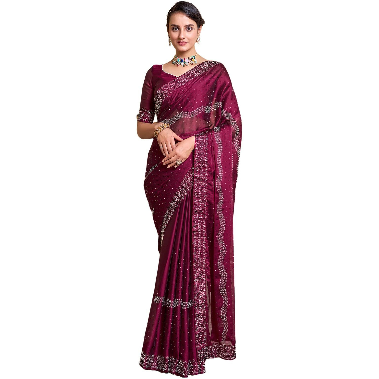 Satrani Women's Georgette Hot Fixing Saree With Unstitched Blouse Piece (3620S103N_Deep Pink)