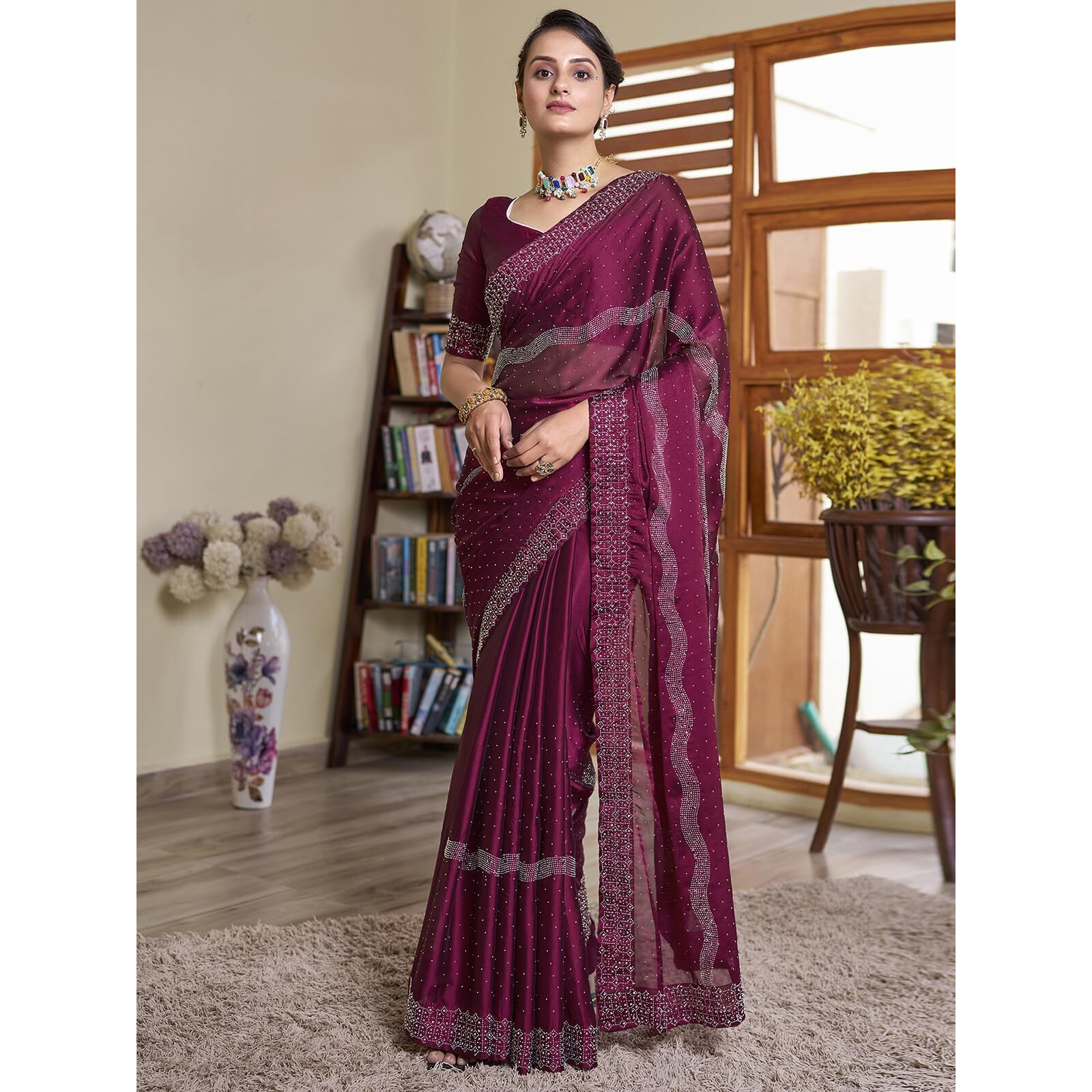 Satrani Women's Georgette Hot Fixing Saree With Unstitched Blouse Piece (3620S103N_Deep Pink)