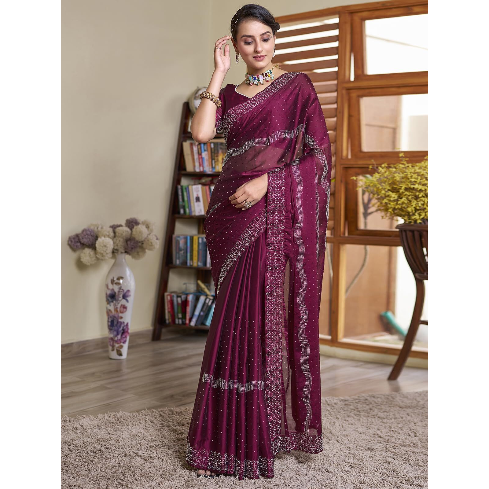 Satrani Women's Georgette Hot Fixing Saree With Unstitched Blouse Piece (3620S103N_Deep Pink)