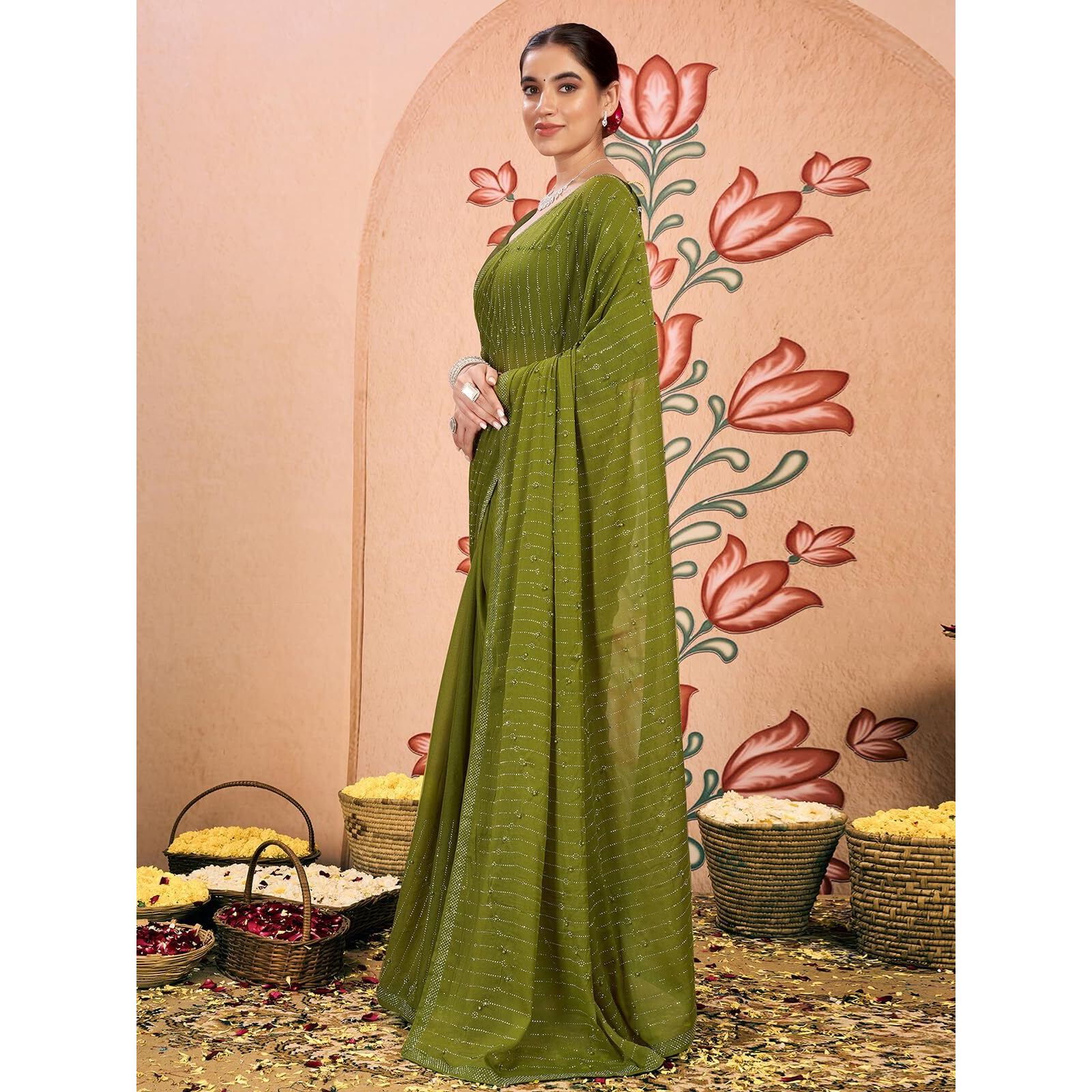 Satrani Women's Georgette Stone & Pearl Work Saree With Unstitched Blouse Piece (4086S649N_Light Olive Green)