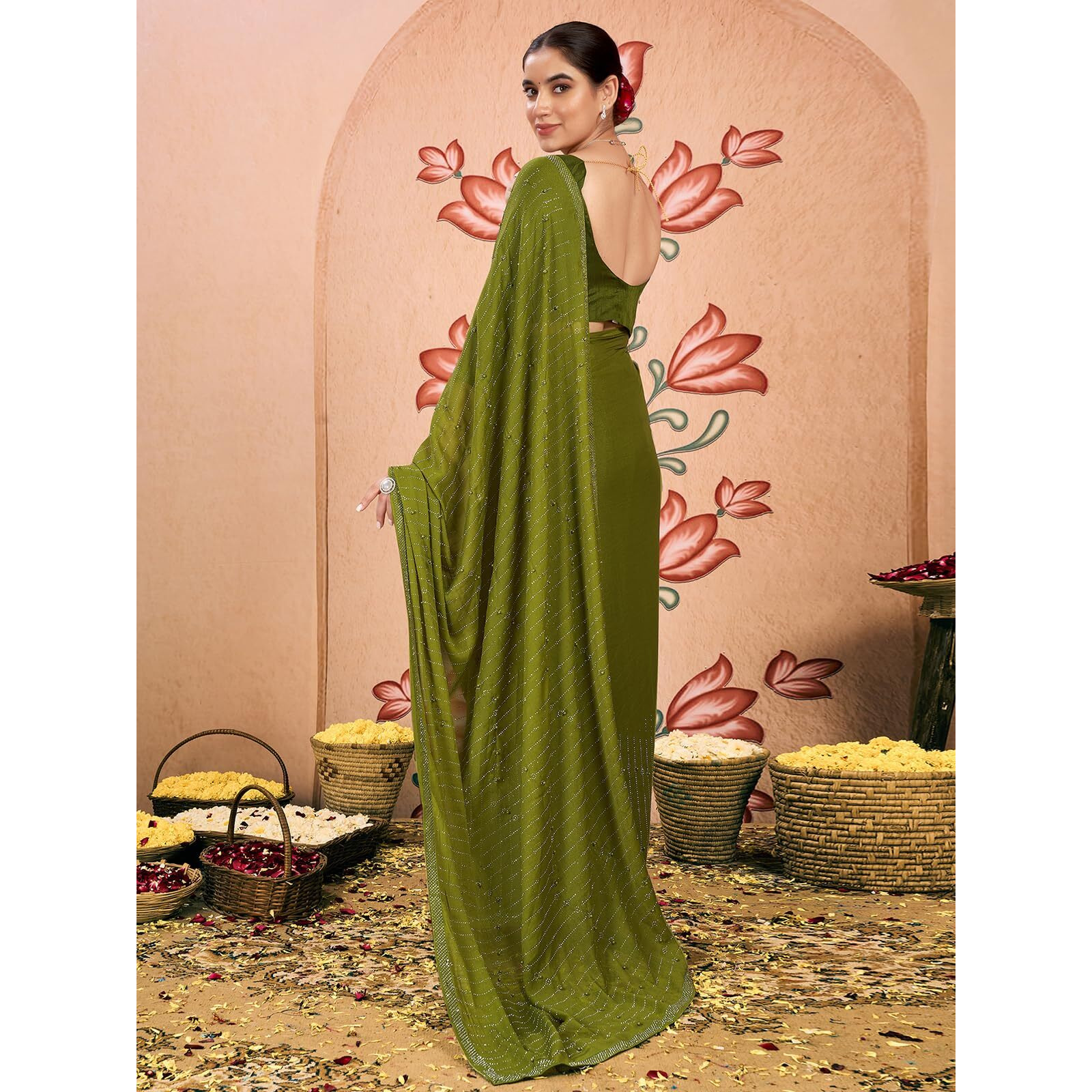 Satrani Women's Georgette Stone & Pearl Work Saree With Unstitched Blouse Piece (4086S649N_Light Olive Green)