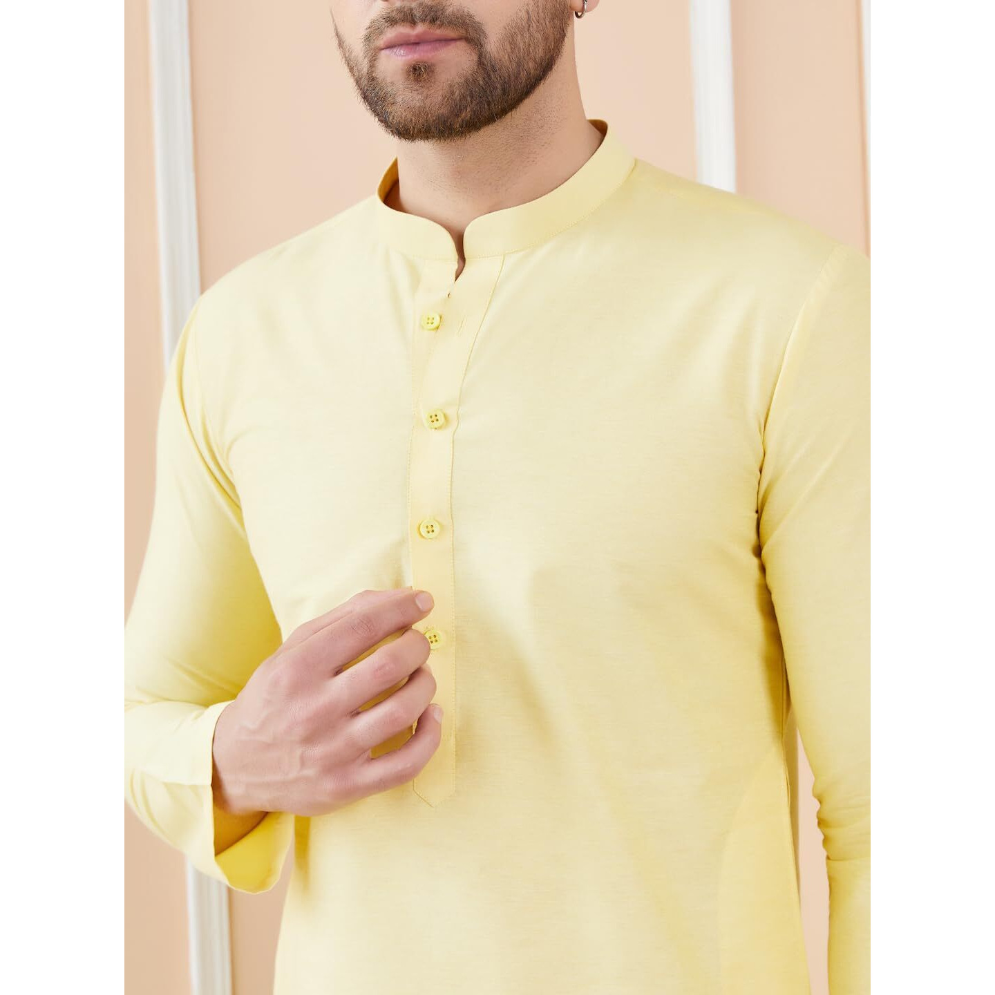 See Designs Men Long Sleeve Side Slit Mandarin Collar Yellow Cotton Solid Straight Kurta - Sdkt2487L