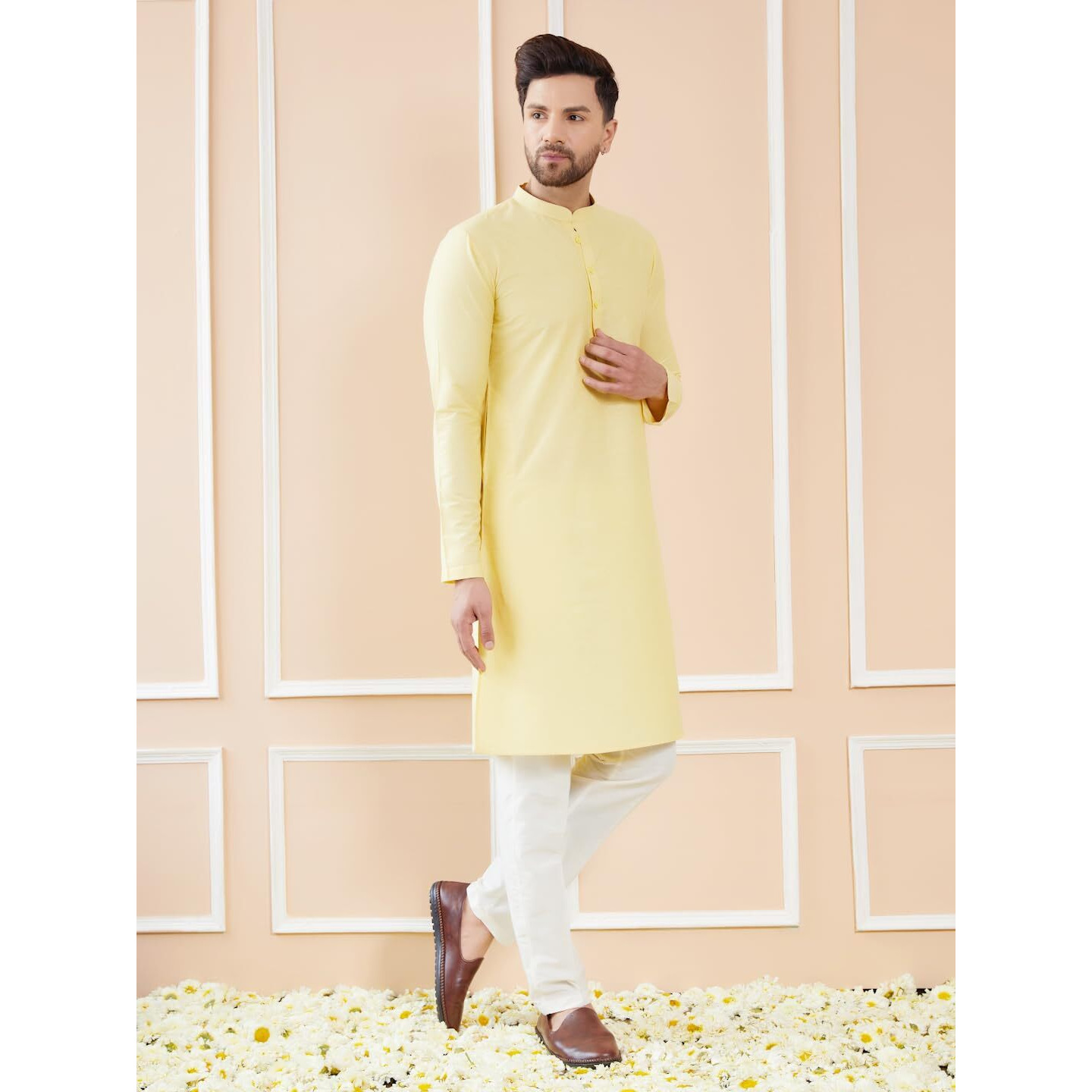 See Designs Men Long Sleeve Side Slit Mandarin Collar Yellow Cotton Solid Straight Kurta - Sdkt2487L