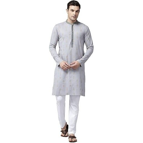 See Designs Grey Cotton Regular Fit Embroidered Kurta_Sdmekt1273L