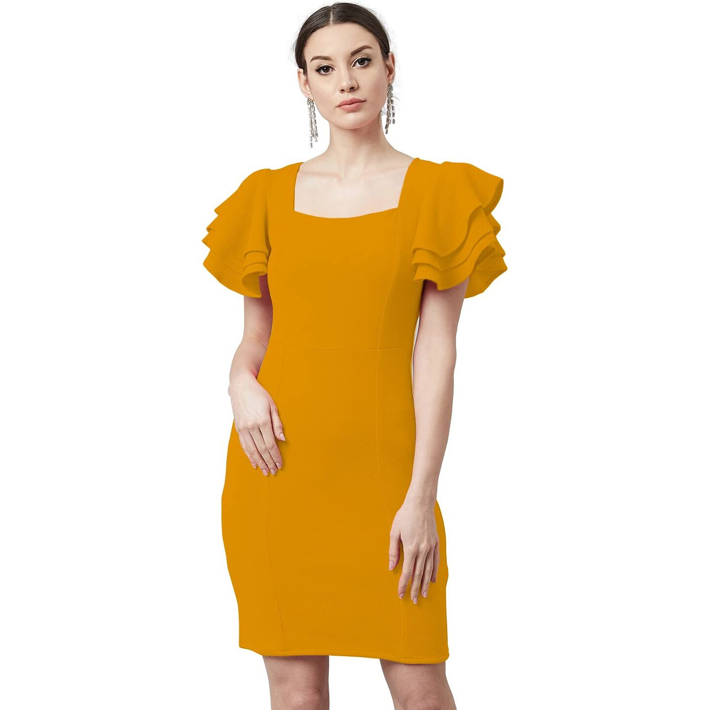 Shasmi Women's Polyester Blend Bodycon Casual Dress (Shree Midi 20 Mustard M