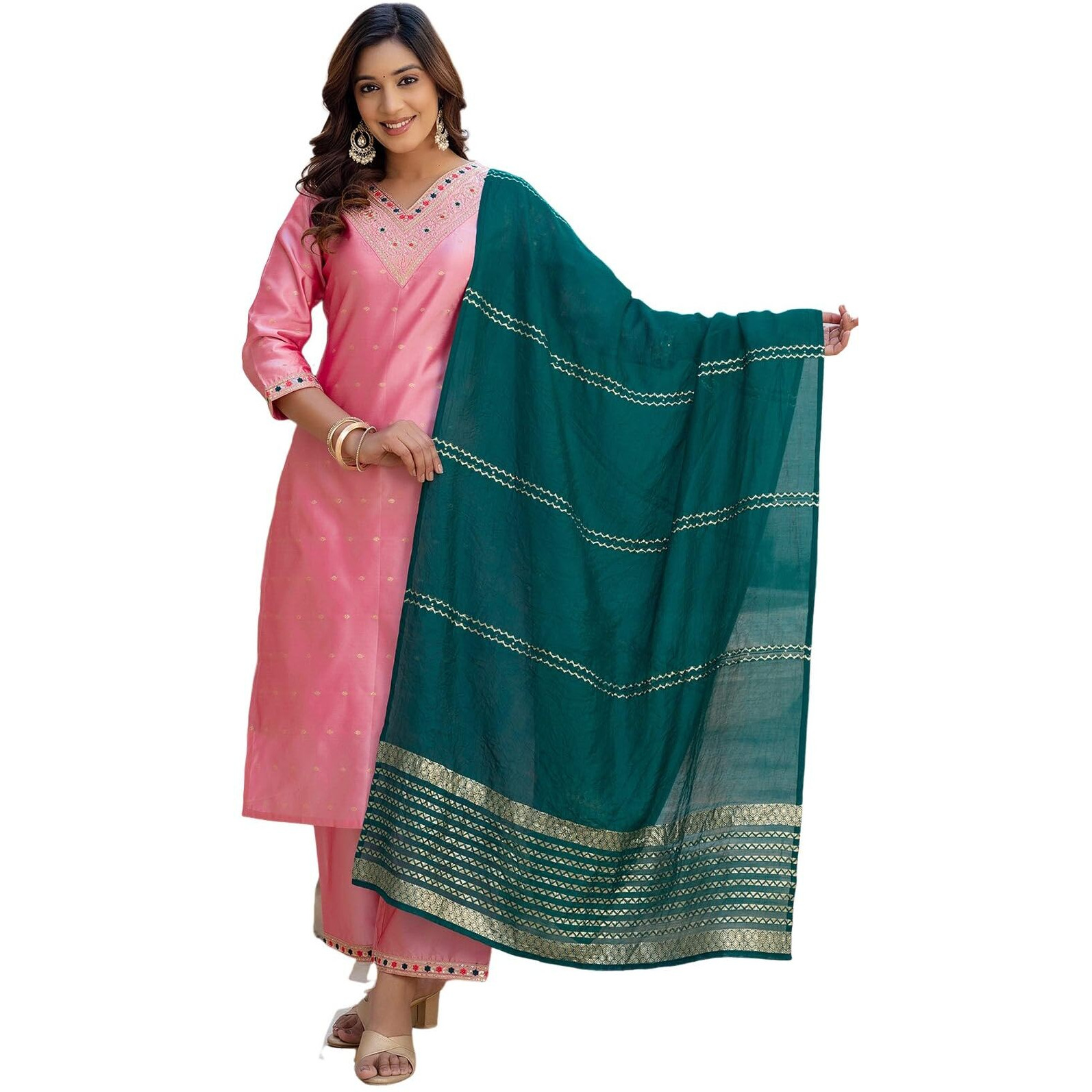 Sanisa Women's Tafetta Embroidery And Sequins Work & Weaving Straight Kurta With Pant And Dupatta Set (204Kbd2166N-Xxl_Dull Pink)