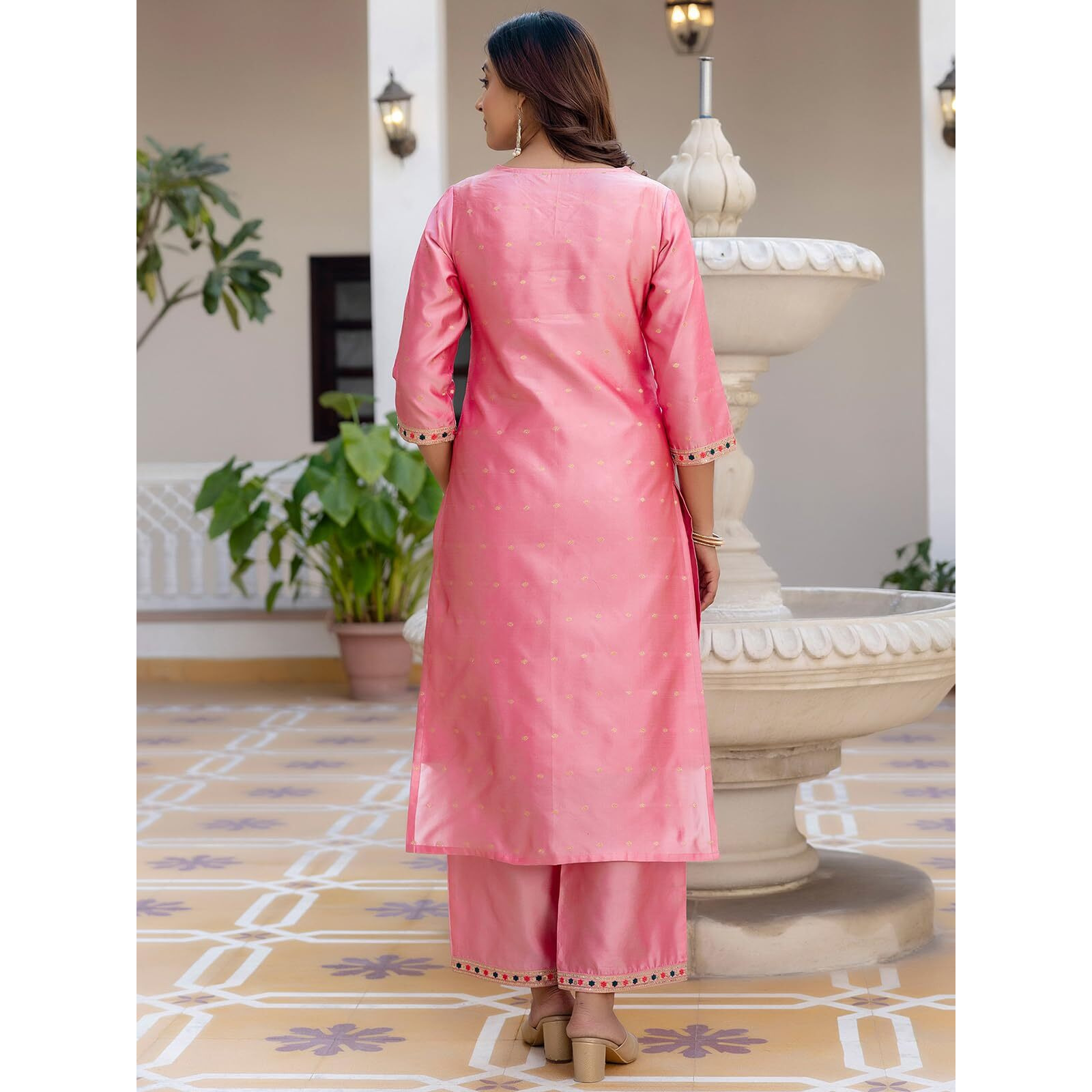 Sanisa Women's Tafetta Embroidery And Sequins Work & Weaving Straight Kurta With Pant And Dupatta Set (204Kbd2166N-Xxl_Dull Pink)