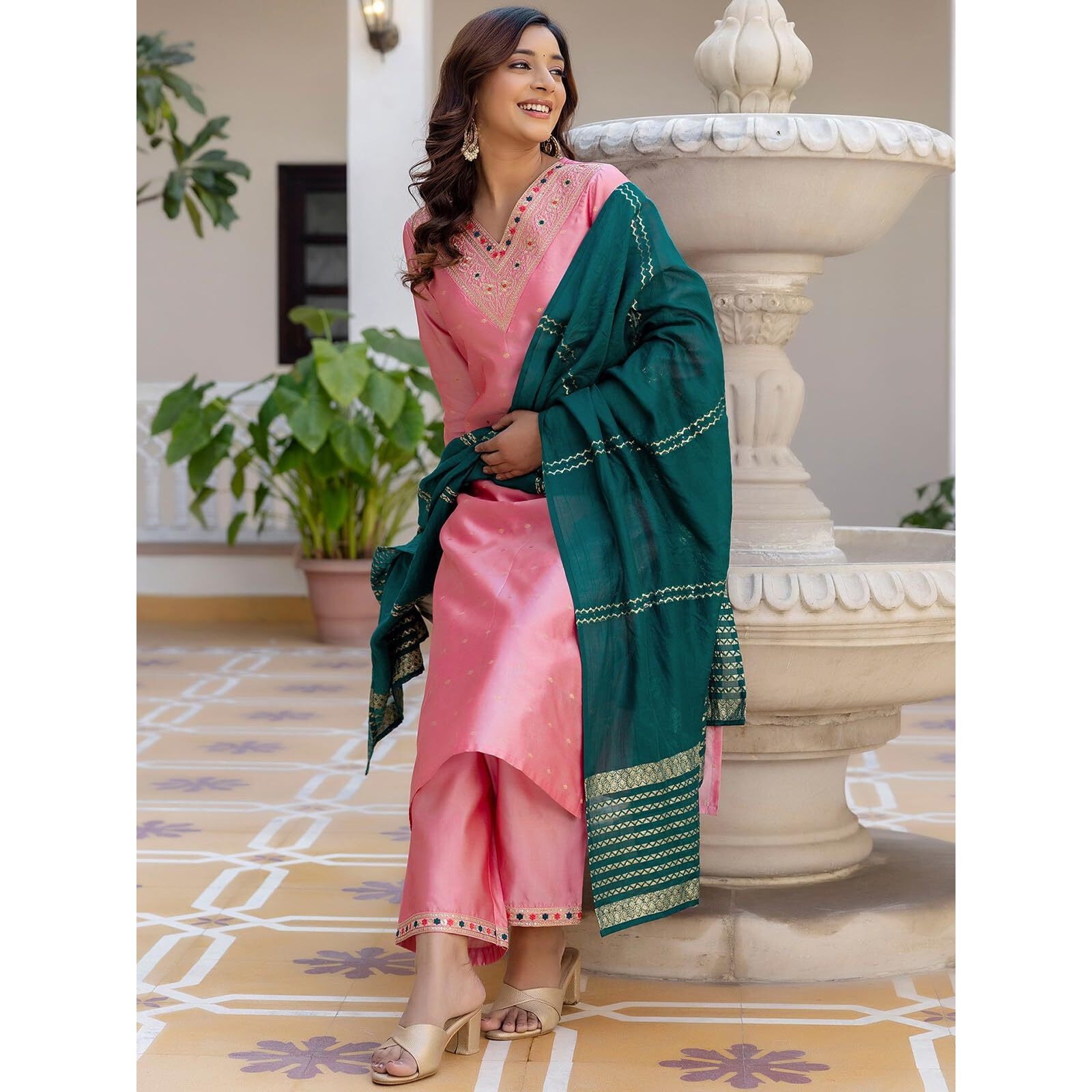 Sanisa Women's Tafetta Embroidery And Sequins Work & Weaving Straight Kurta With Pant And Dupatta Set (204Kbd2166N-Xxl_Dull Pink)