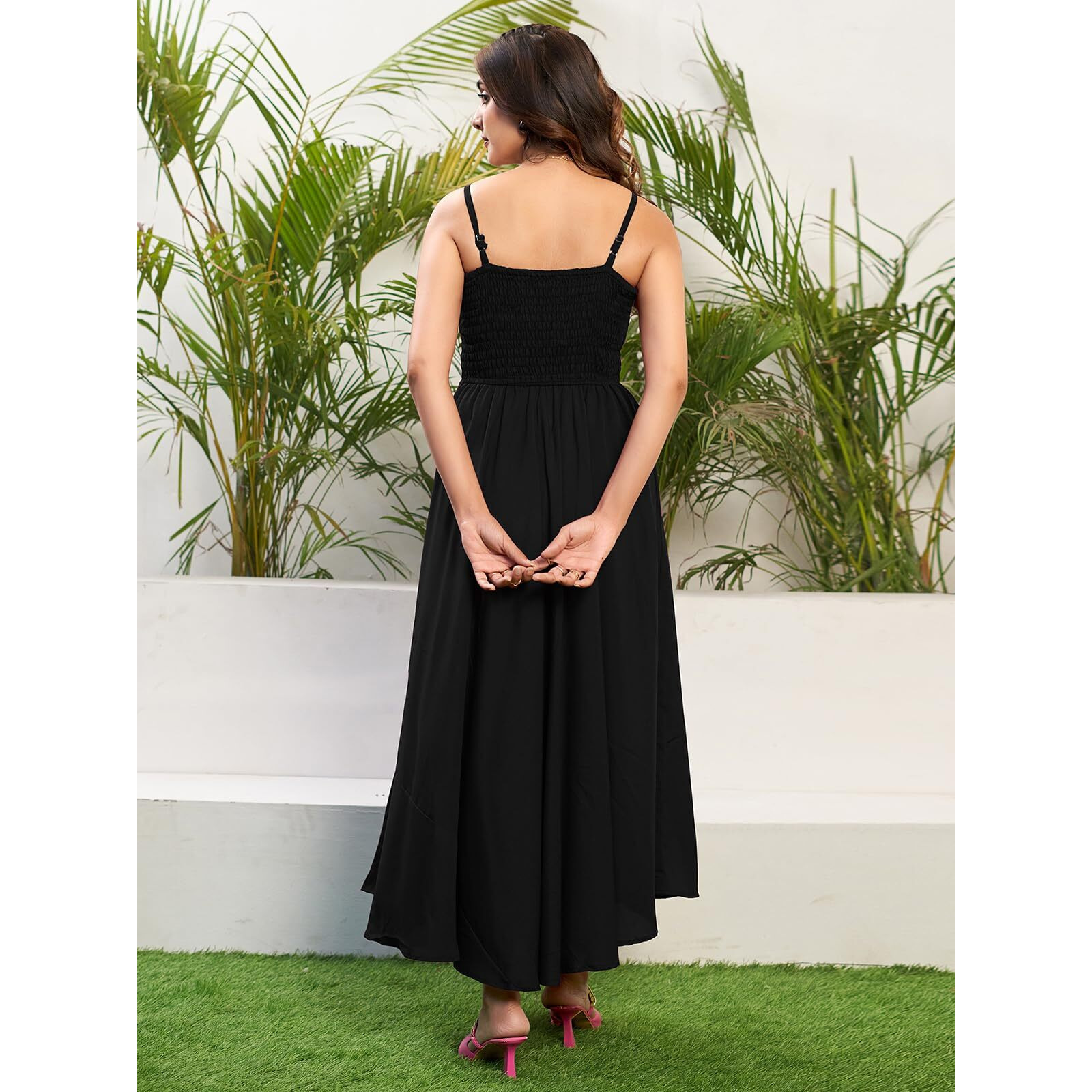 Selvia Western Dress For Women|Solid & Smoking Rayon Blend Western Dress For Women|Square Neck Fit & Flare Dress For Women|One Piece Dress For Women (706Dtk7901N-L_Black)