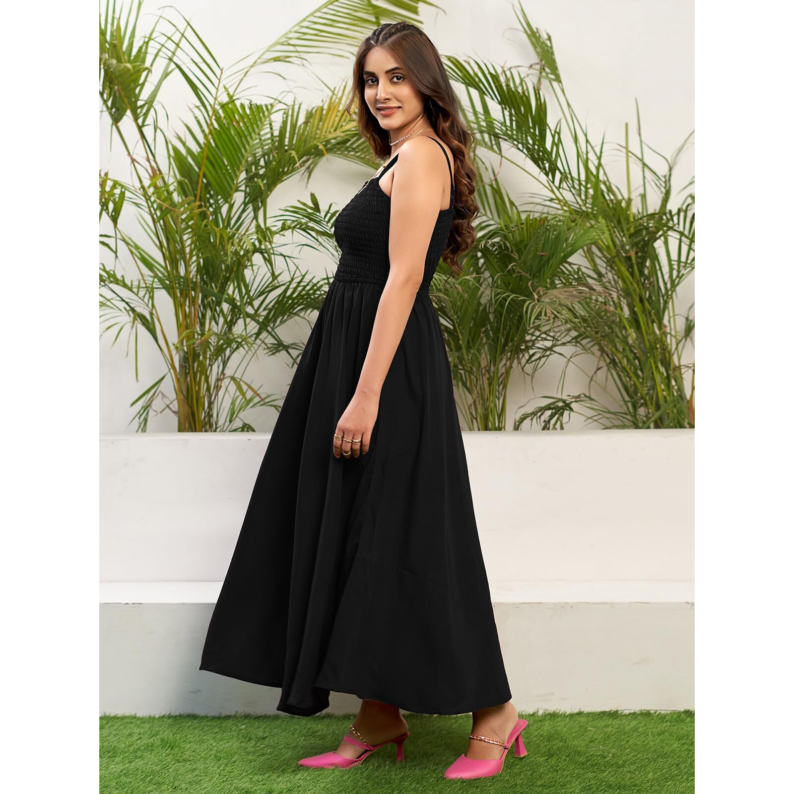 Selvia Western Dress For Women|Solid & Smoking Rayon Blend Western Dress For Women|Square Neck Fit & Flare Dress For Women|One Piece Dress For Women (706Dtk7901N-L_Black)