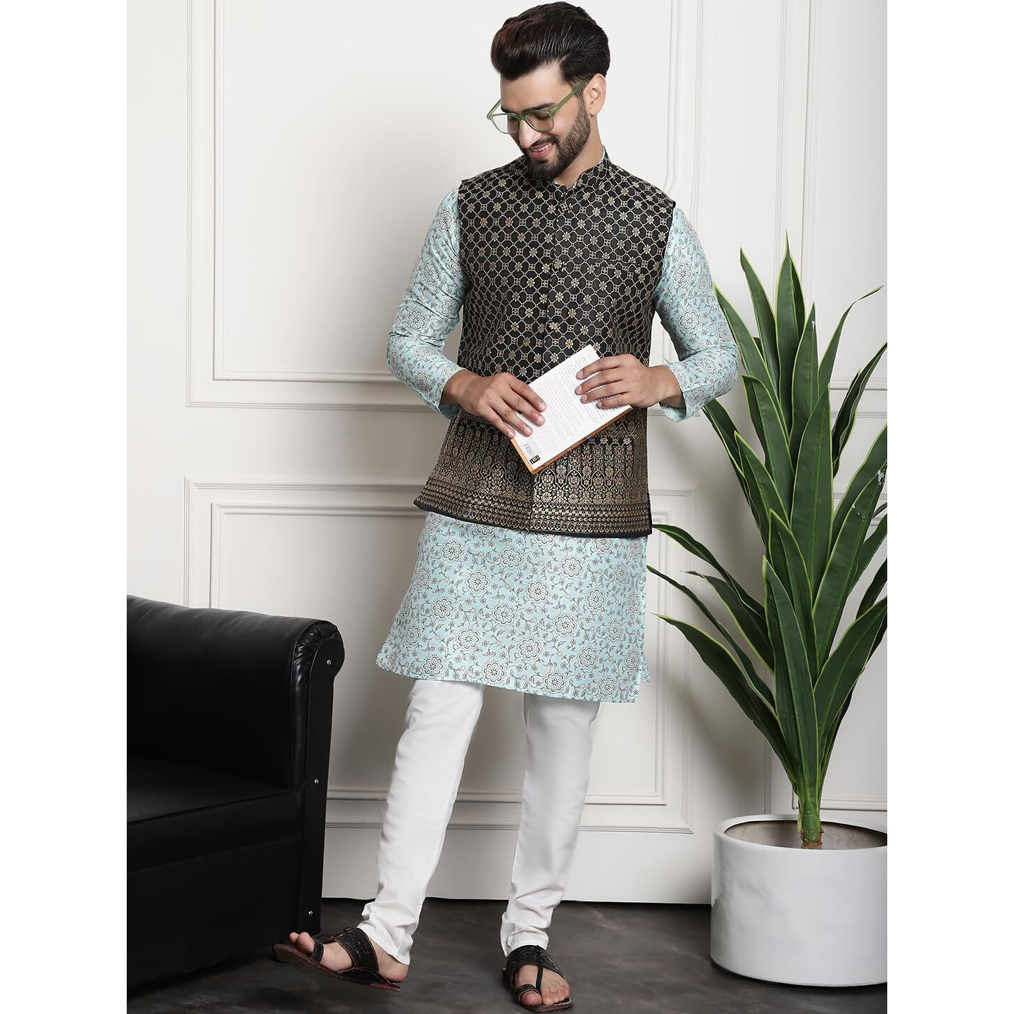 Sojanya (Since 1958 Men's Silk Blend Print Sea Green Kurta & Cream Pyjama With Black Nehrujacket