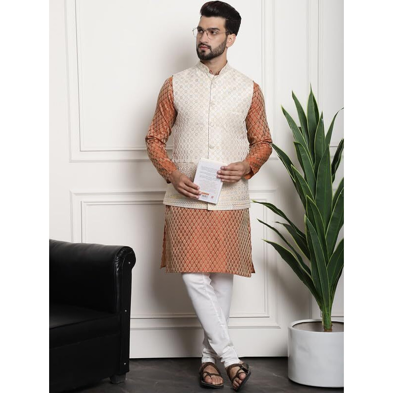 Sojanya (Since 1958 Men's Jacquard Silk Orange Kurta And Off-White Pyjama With Cream Nehru Jacket