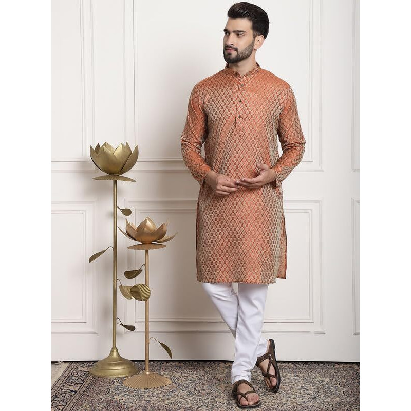 Sojanya (Since 1958 Men's Jacquard Silk Orange Kurta And Off-White Pyjama With Cream Nehru Jacket
