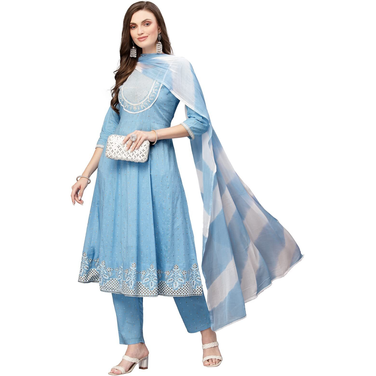 Stylum Women Cotton Anarkali Kurta Pant And Dupatta Set (Kpdskystar38_Light Blue_M)