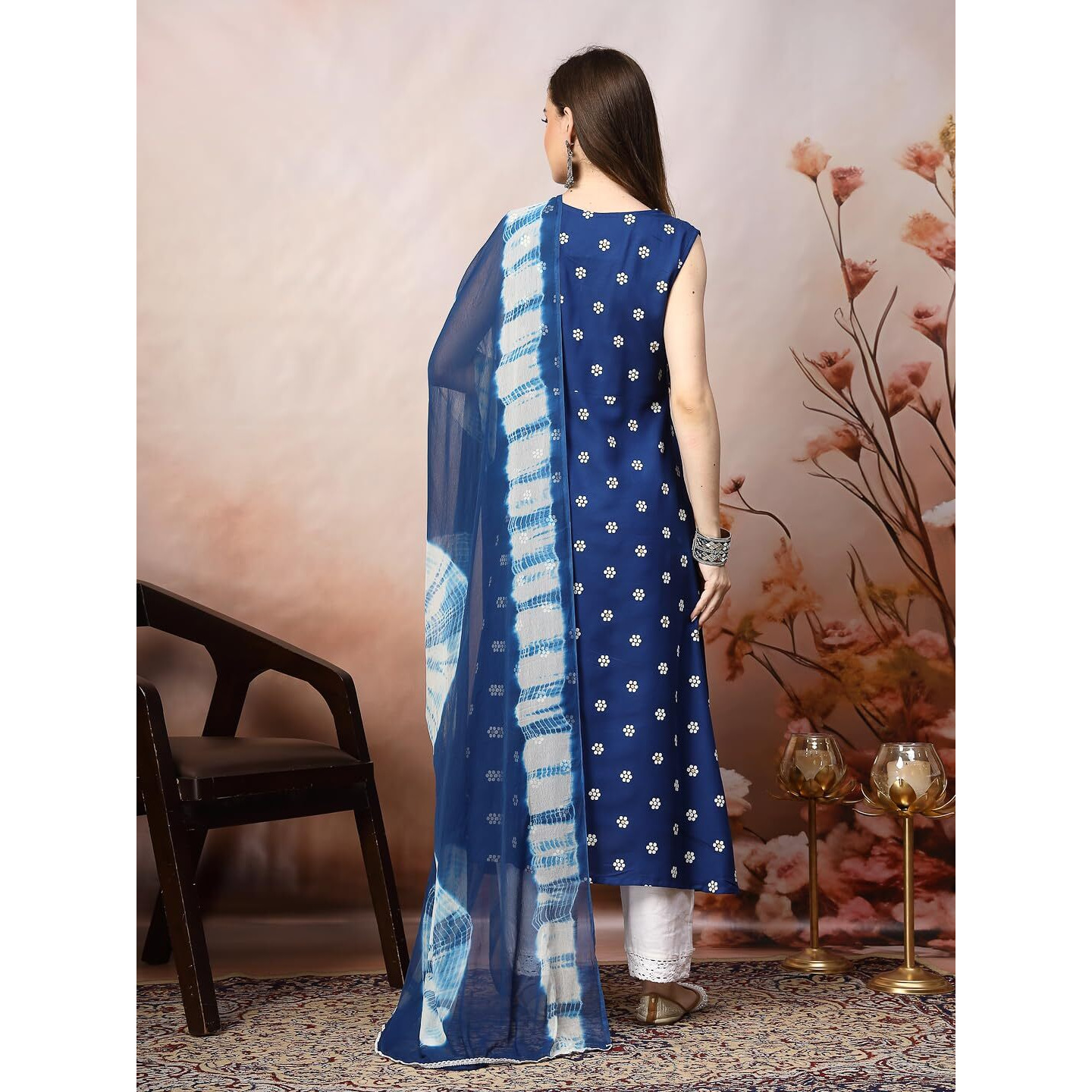 Stylum Women's Floral Printed & Embroidered Rayon A-Line Kurta Dupatta Set (Kdroyalrasna36_Royal Blue, S)