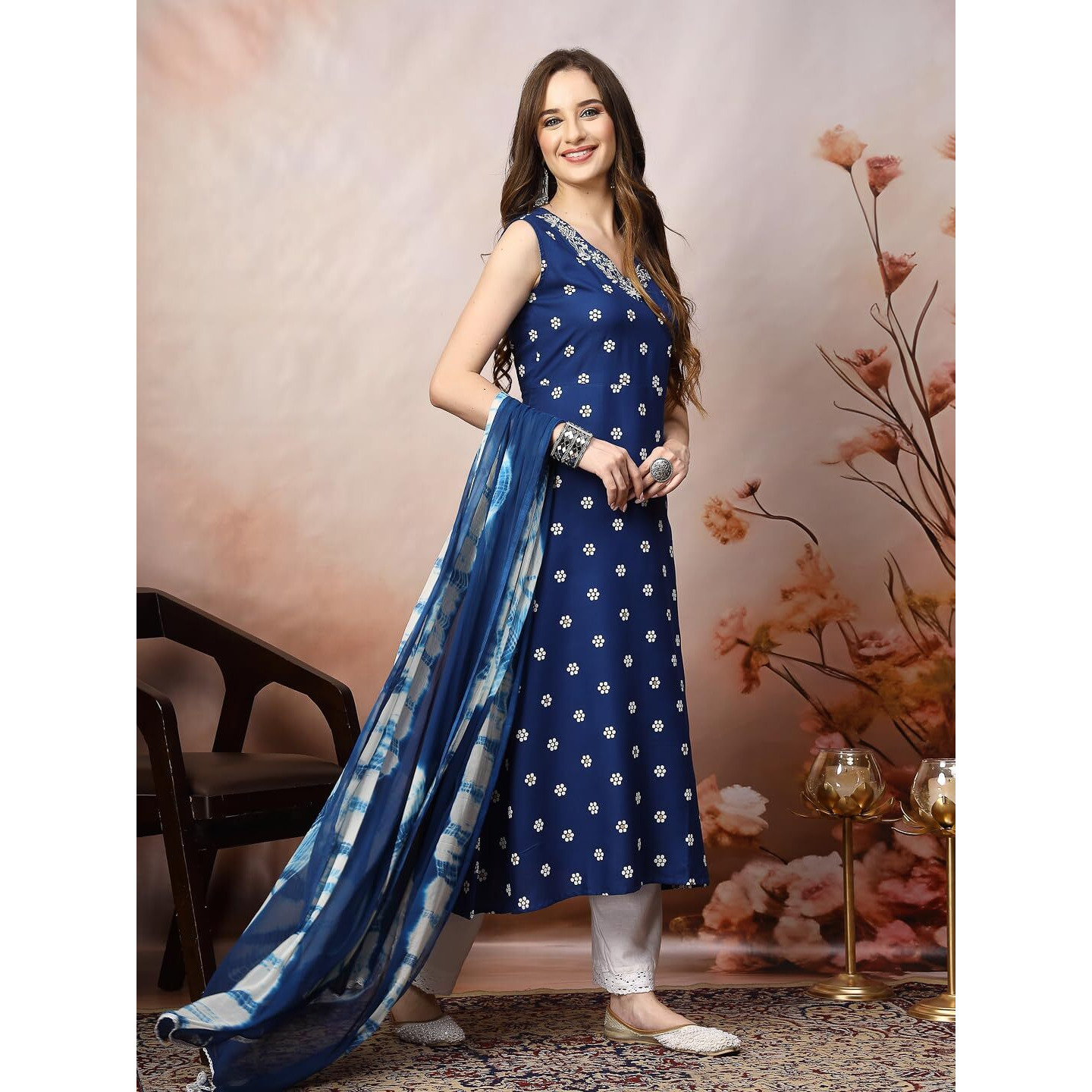 Stylum Women's Floral Printed & Embroidered Rayon A-Line Kurta Dupatta Set (Kdroyalrasna36_Royal Blue, S)