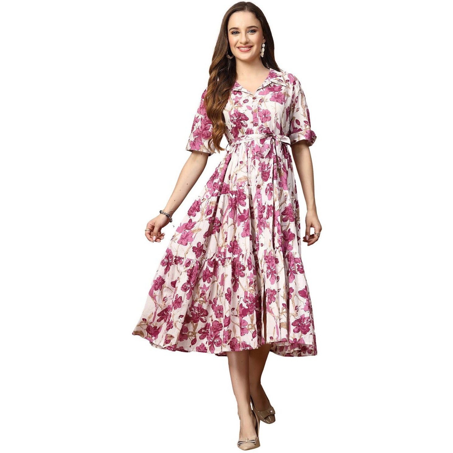Stylum Women's Floral Printed Cotton Flared Dress (Drsmagentakinnu44_Magenta, Xxl)