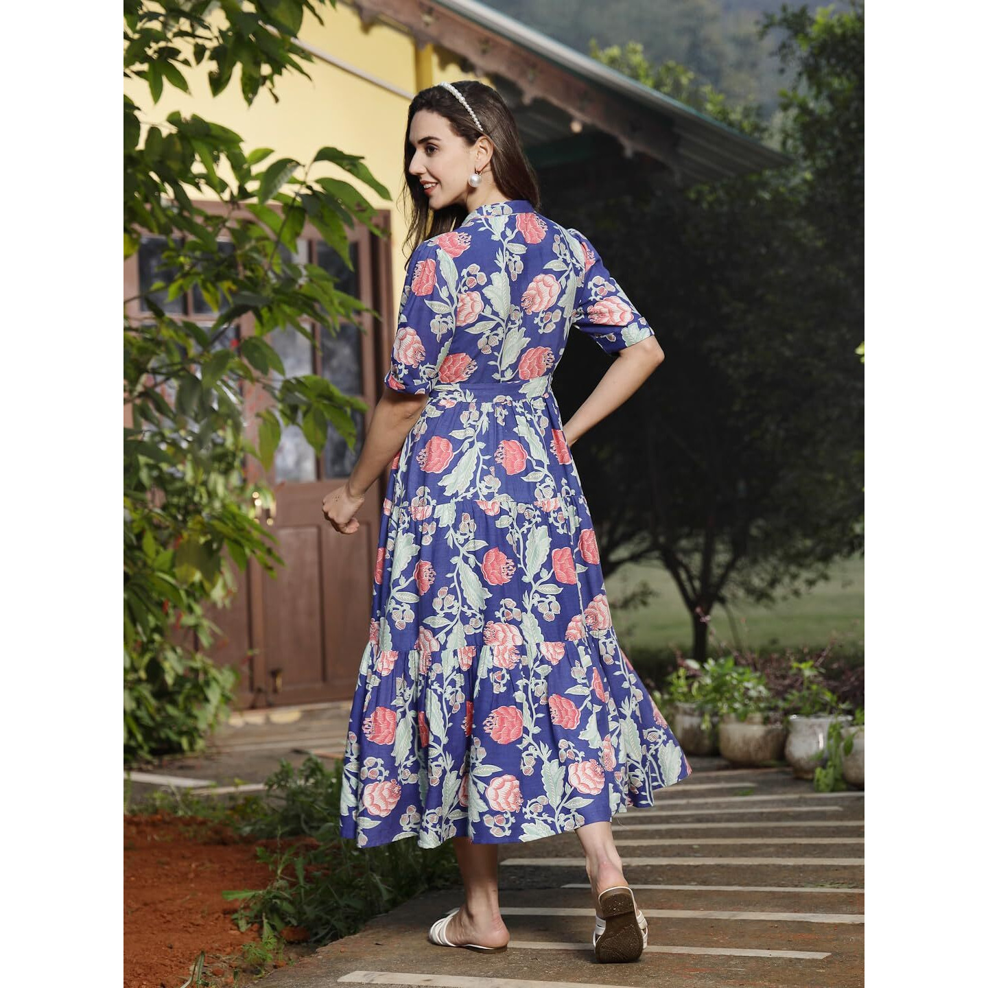 Stylum Women's Floral Printed Rayon Tiered Dress (Drsbluerenee42_Blue, Xl)