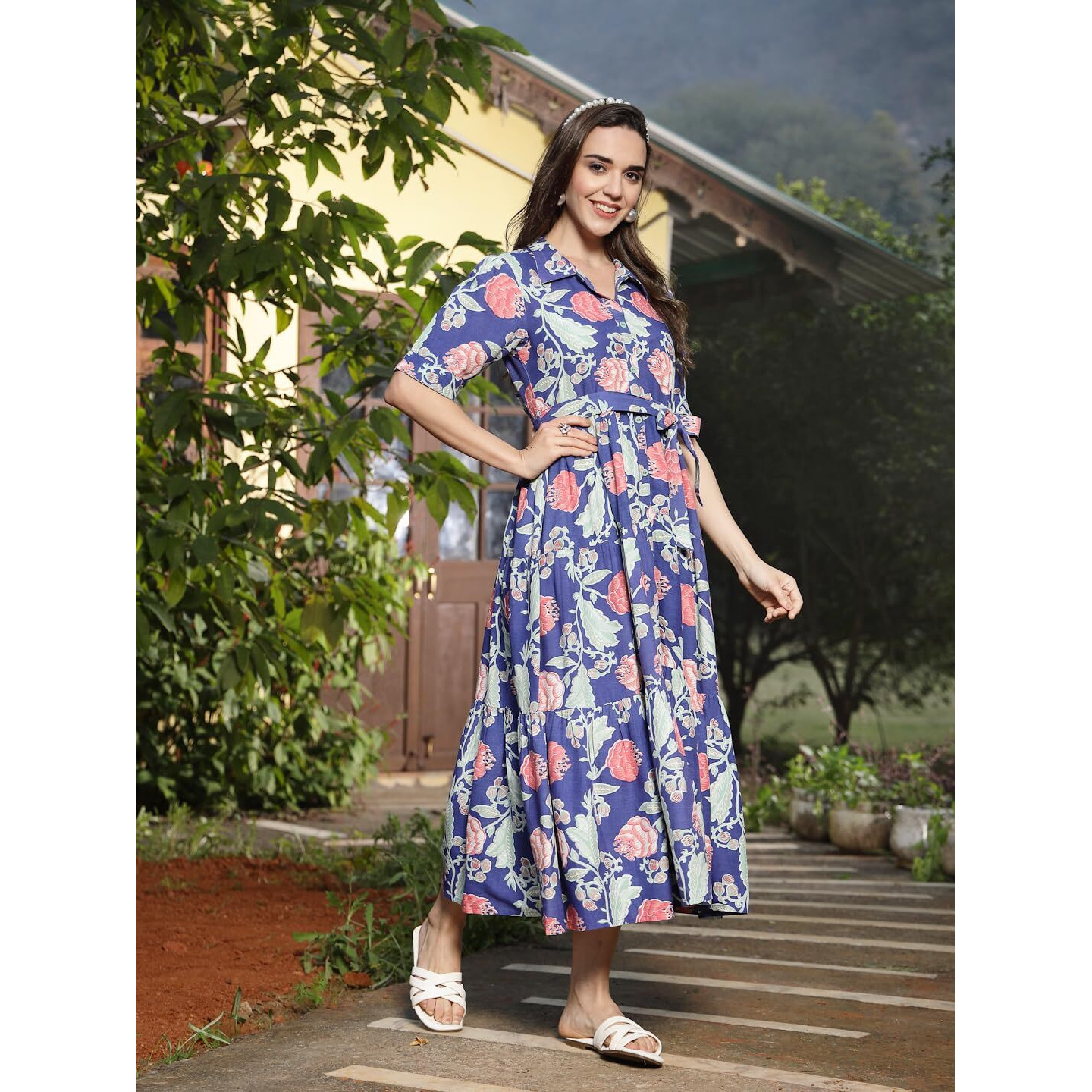 Stylum Women's Floral Printed Rayon Tiered Dress (Drsbluerenee42_Blue, Xl)
