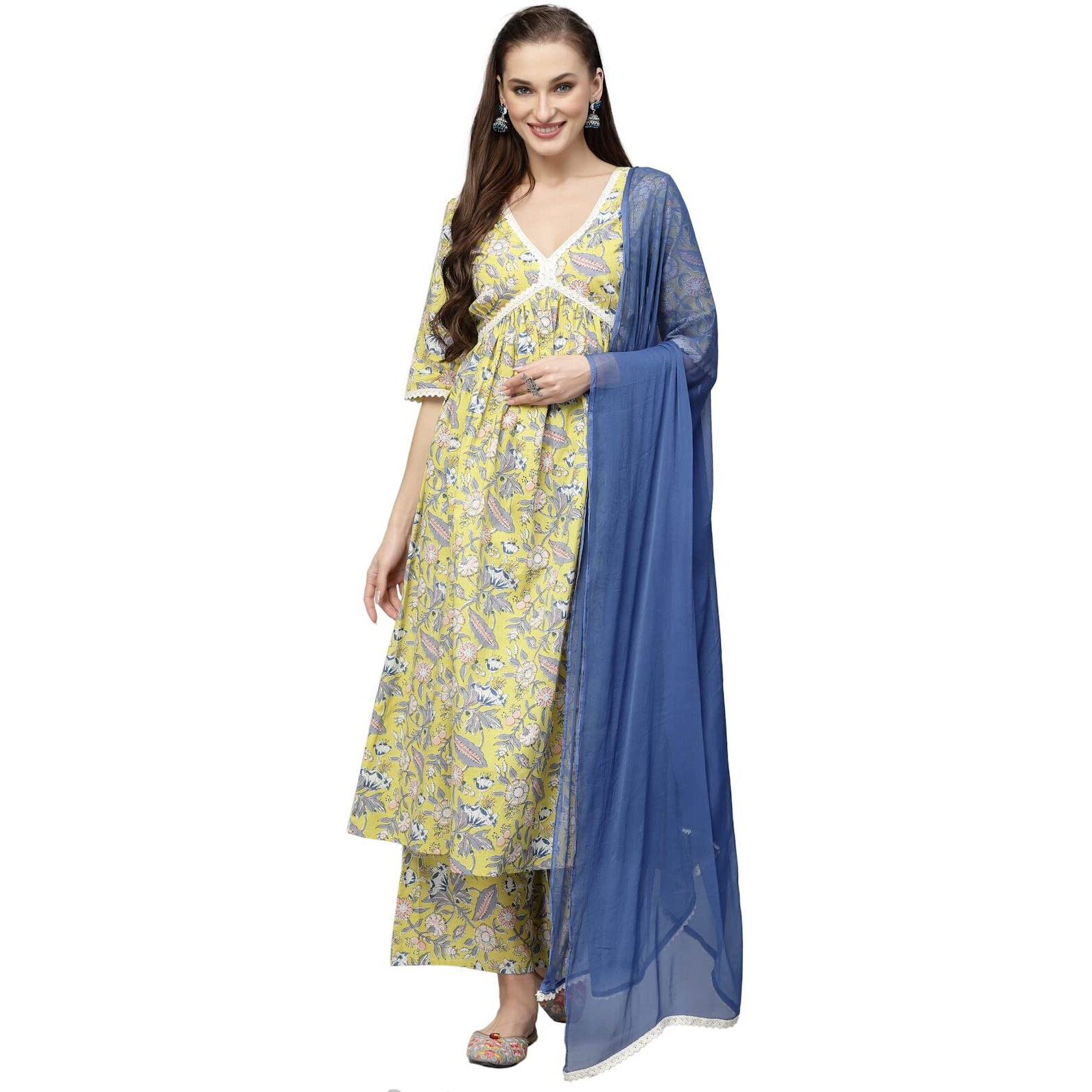 Stylum Women's Floral Printed Kurta Palazzo Dupatta Set (Kpddella38_Yellow, M)