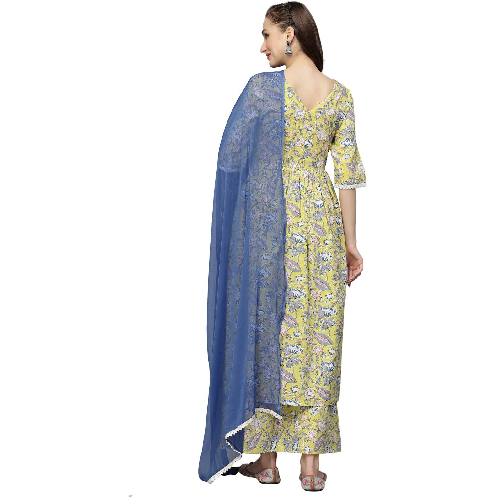 Stylum Women's Floral Printed Kurta Palazzo Dupatta Set (Kpddella38_Yellow, M)