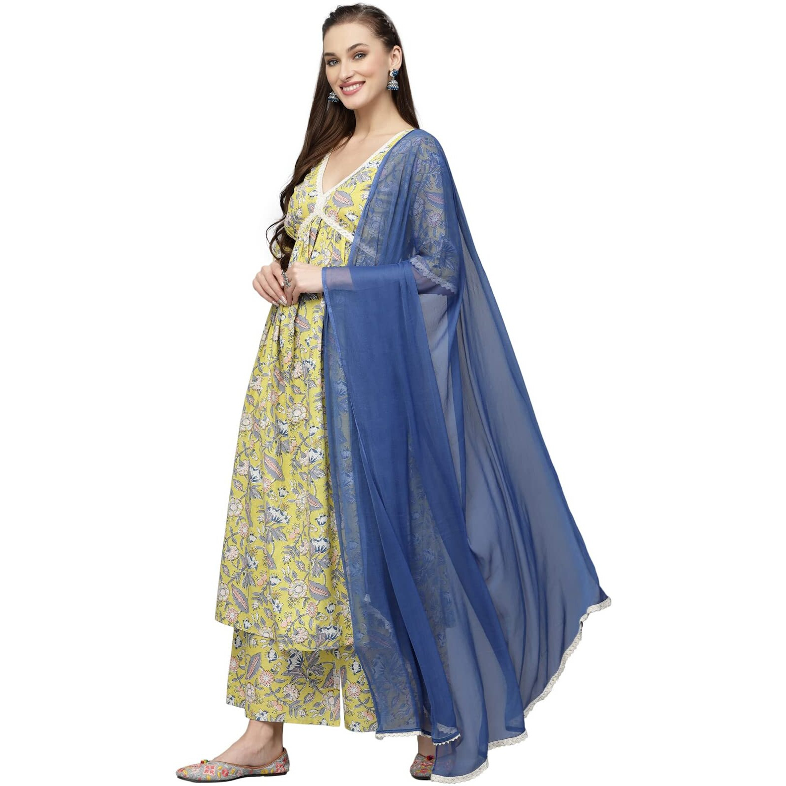 Stylum Women's Floral Printed Kurta Palazzo Dupatta Set (Kpddella38_Yellow, M)