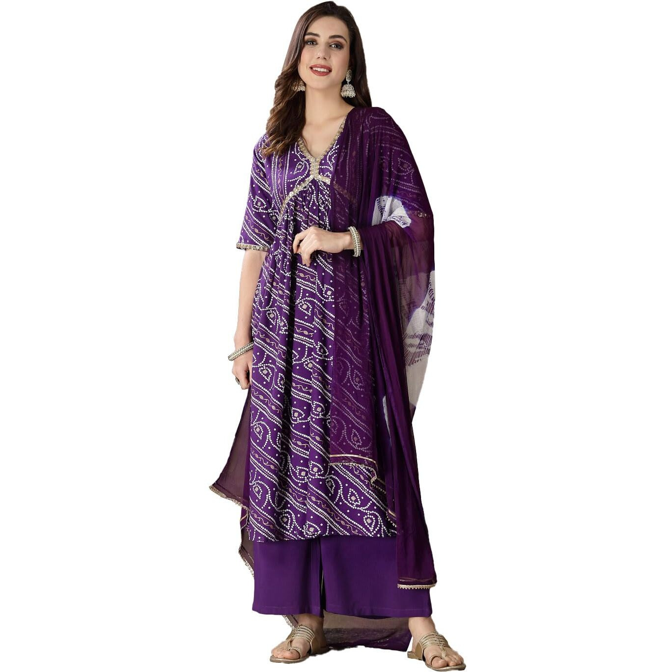 Stylum Women's Bandhej Printed Rayon Naira Cut Kurta Palazzo Dupatta Set (Kpdvoilcharli44_Violet, Xxl)