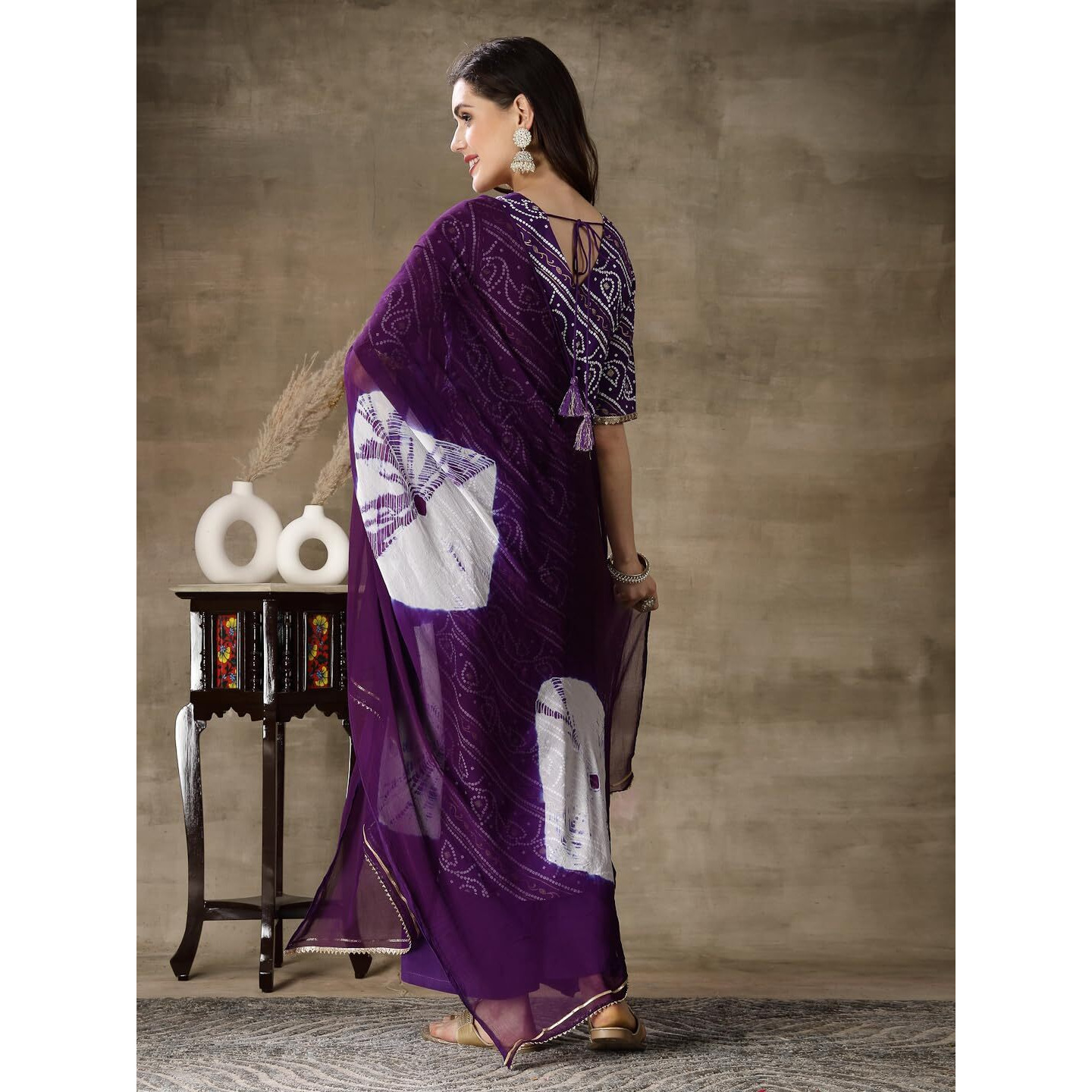 Stylum Women's Bandhej Printed Rayon Naira Cut Kurta Palazzo Dupatta Set (Kpdvoilcharli44_Violet, Xxl)