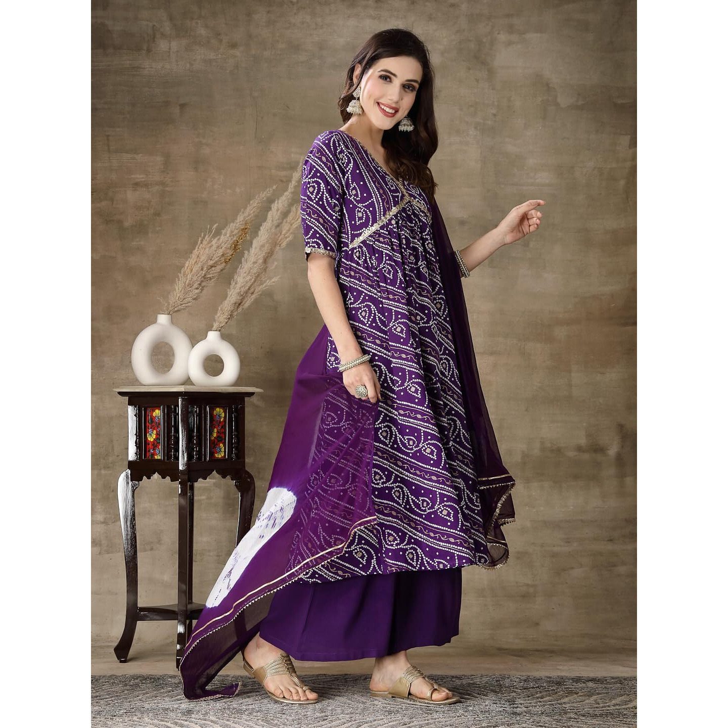 Stylum Women's Bandhej Printed Rayon Naira Cut Kurta Palazzo Dupatta Set (Kpdvoilcharli44_Violet, Xxl)