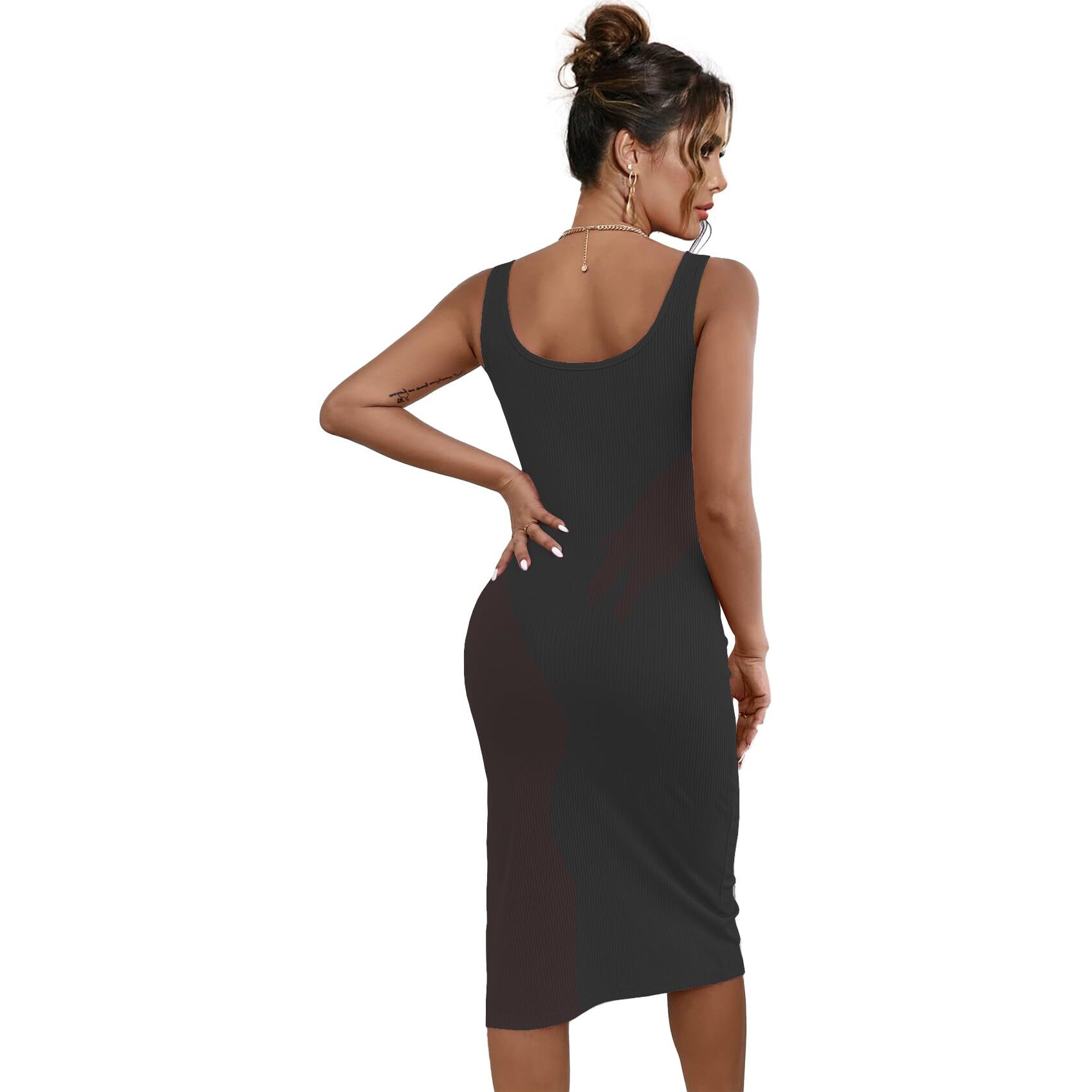 Sugathari Solid Women Black, Square Neck Ribbed Knit Sleeveless Bodycon Dress (Midi 104 Black M)