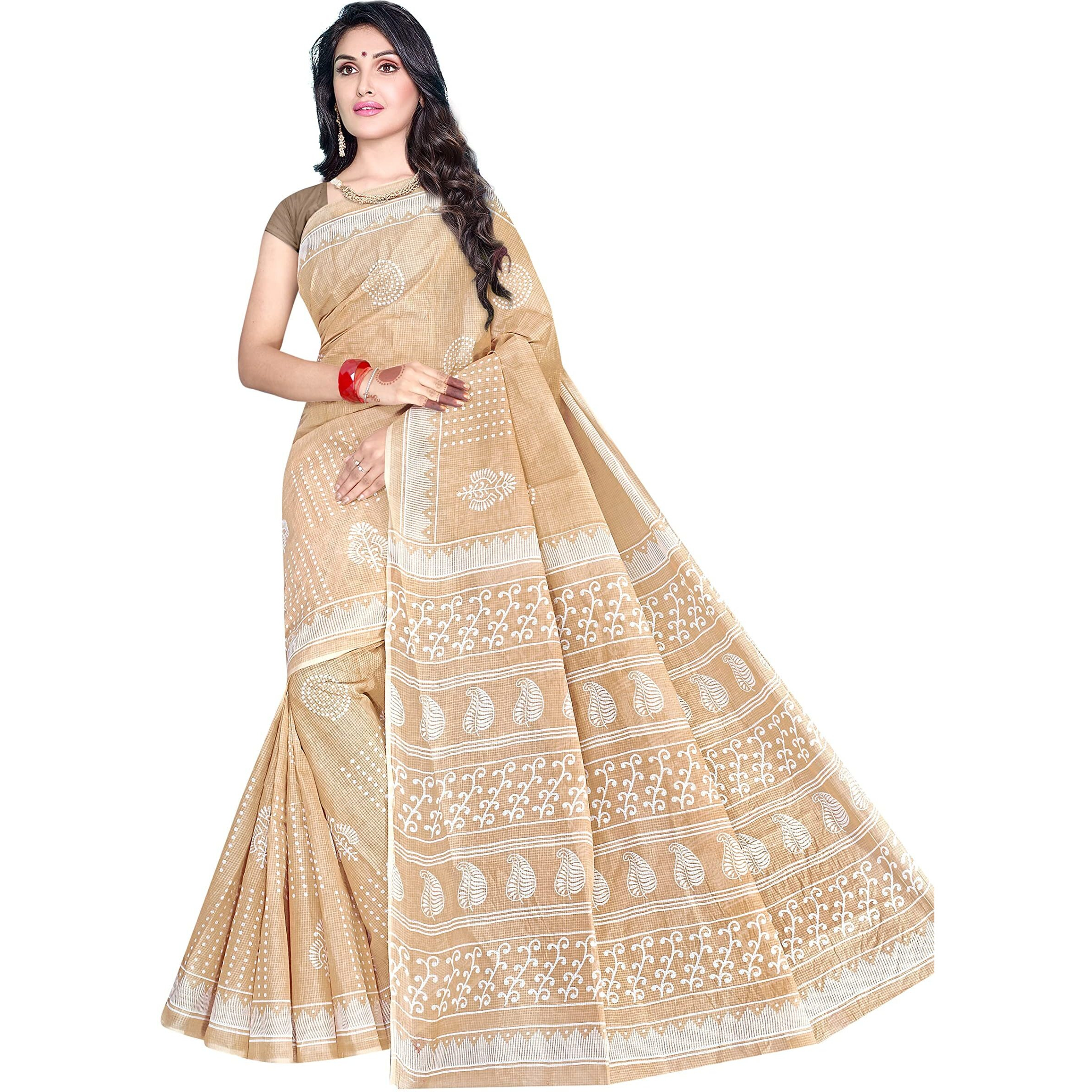Tamaira Fashion Women's Moonga Doria Pure Cotton Saree Without Blouse Piece(1756_Beige)