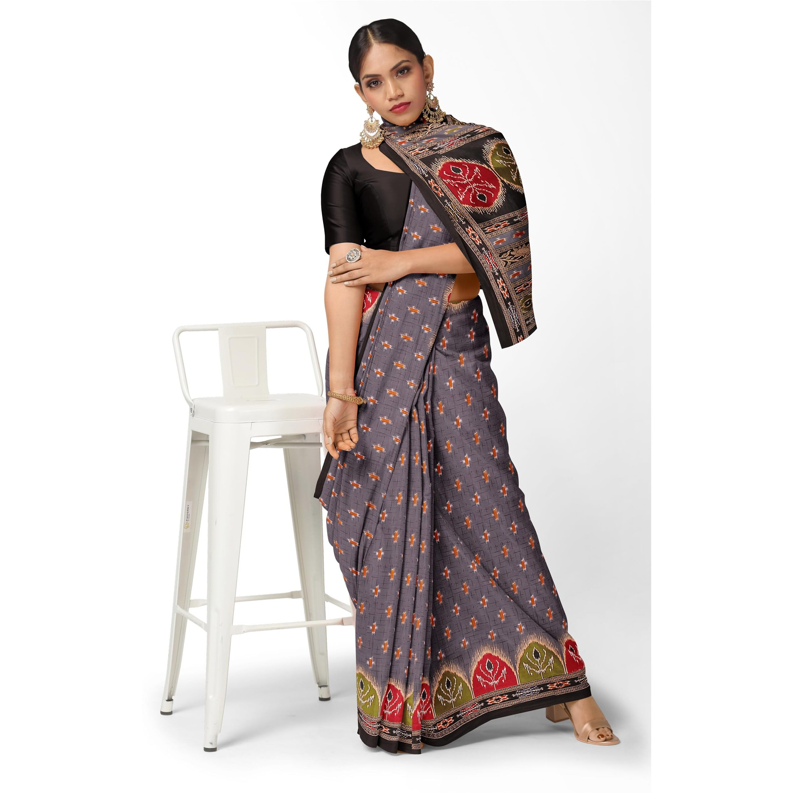 Tamaira Fashion Women's Pochampally Ikkat Print Pure Cotton Saree Without Blouse Piece(11092_Grey)