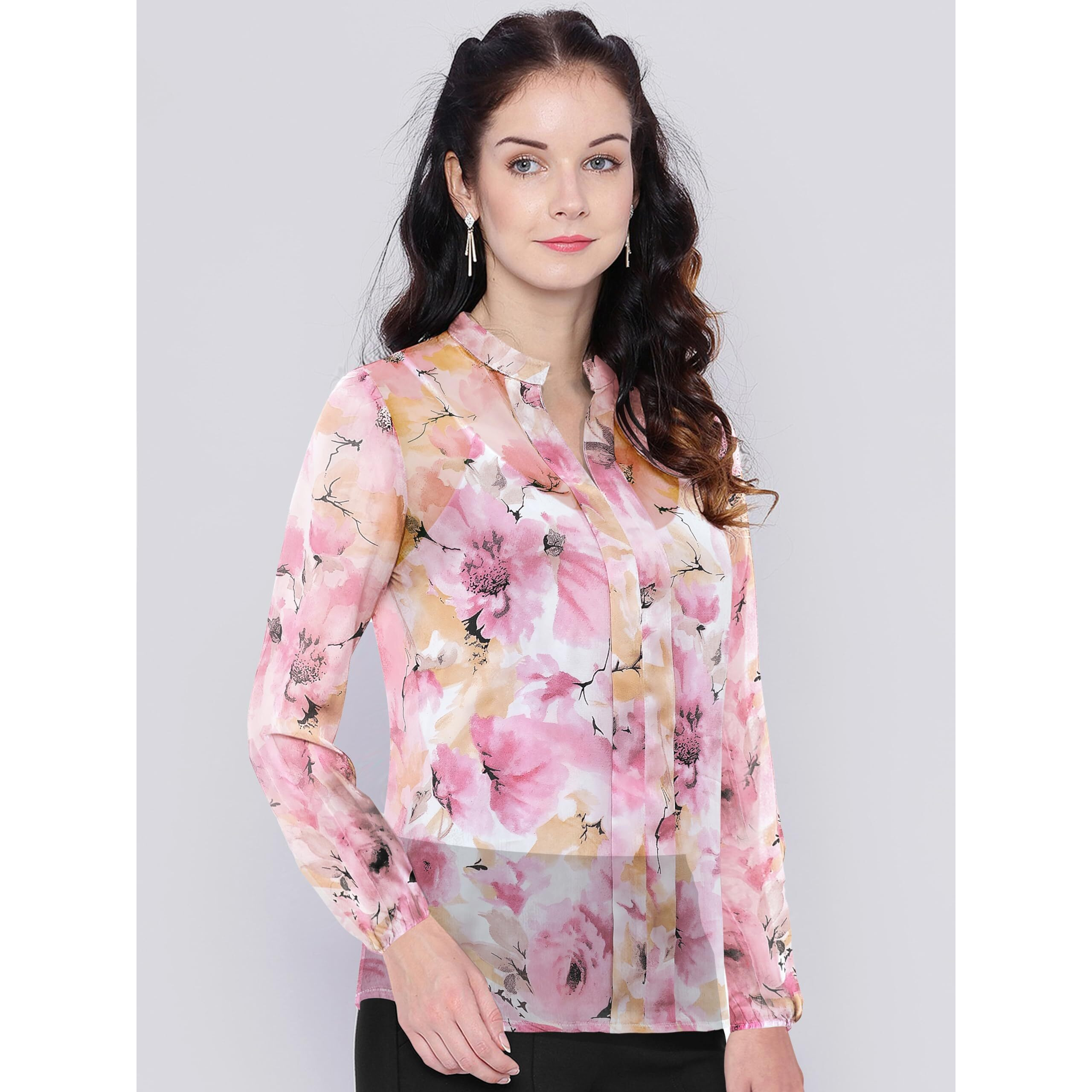 Toochki Women's Pink Georgette Floral Straight Western Top