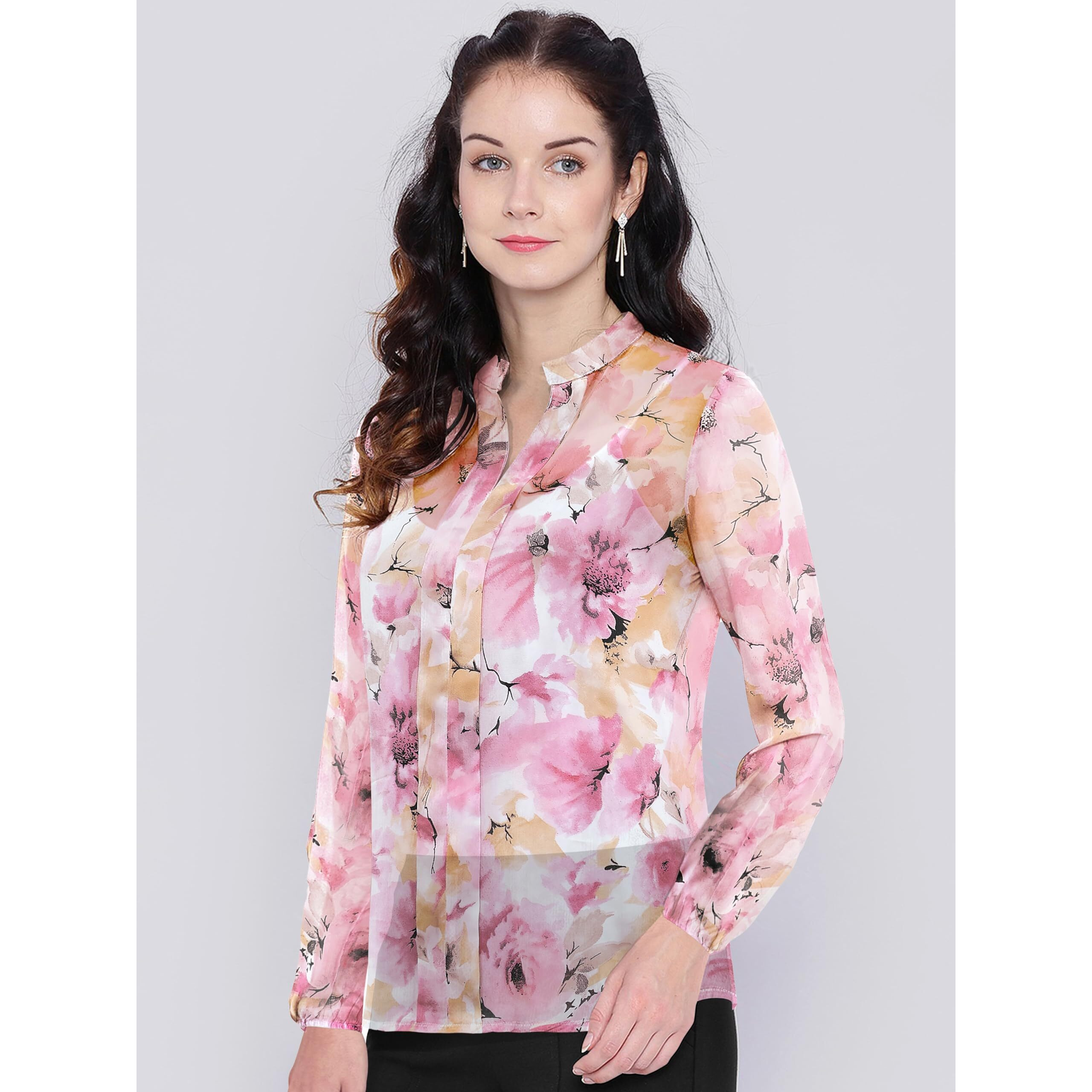 Toochki Women's Pink Georgette Floral Straight Western Top