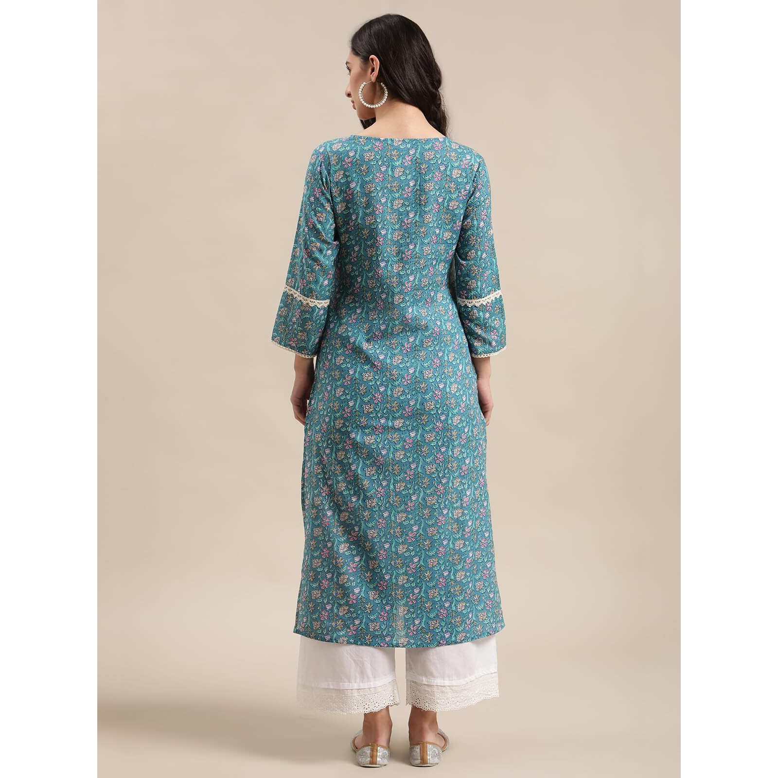 Varanga Women Blue Floral Printed Lace Embellished Kurta With 3/4Th Sleeves, Elegant Kurti For Casual & Festive Occasions (Small)