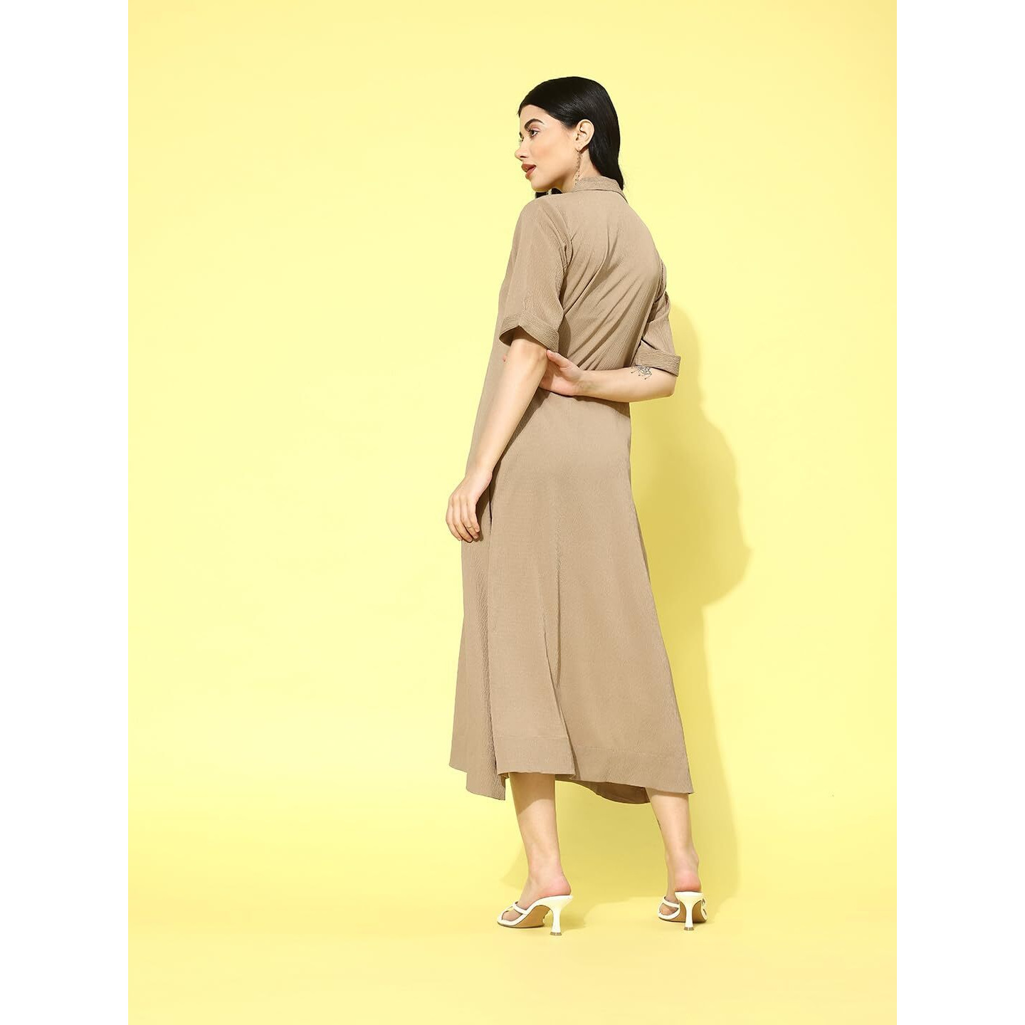 Varanga Women Beige Shirt Collar A-Line Dress  Comfortable Short Sleeves Calf Length Dress For Stylish Everyday Wear, Office & Casual Outings (Large)